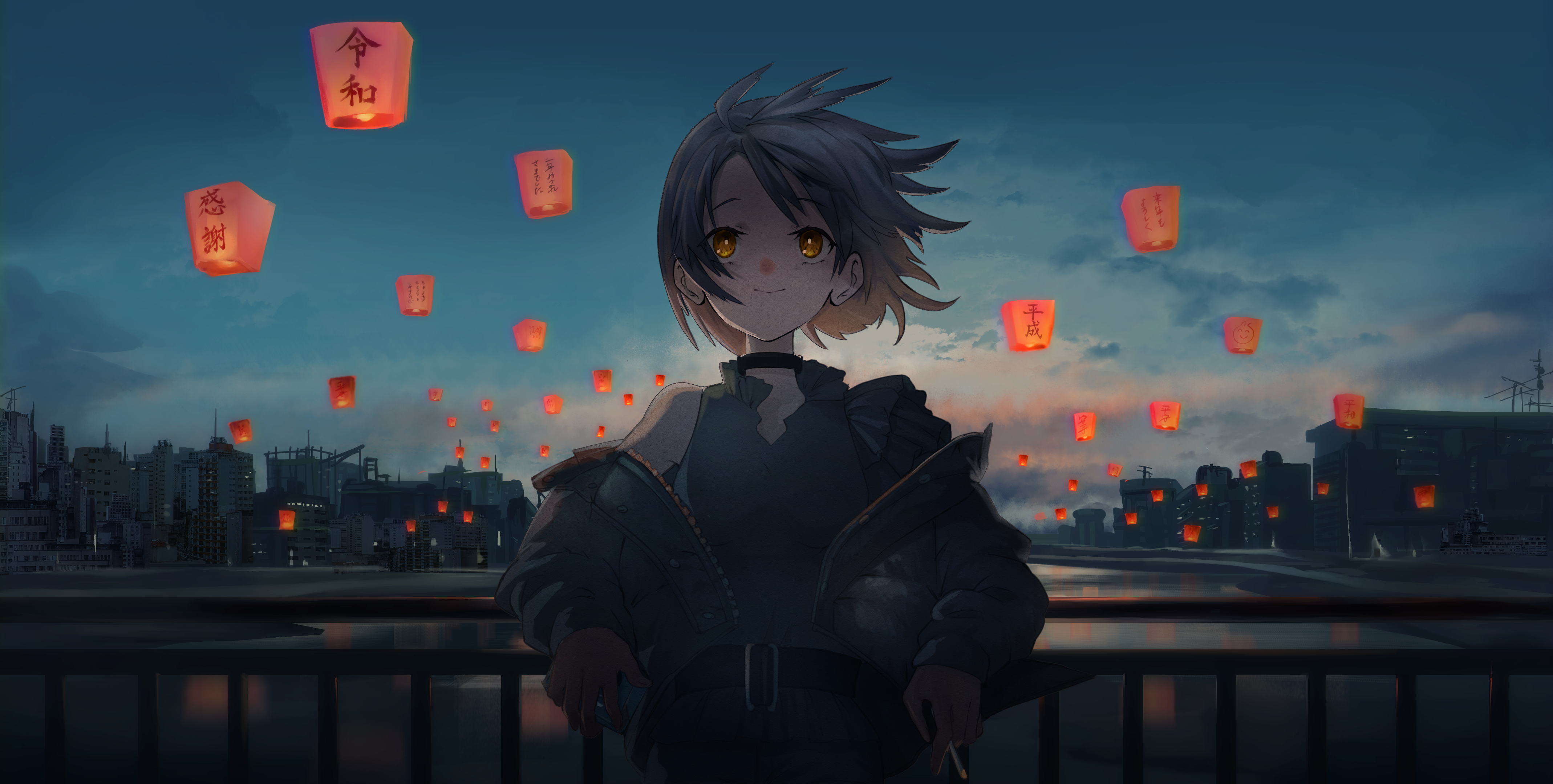 anime, anime girls, digital art, artwork, 2D, portrait, Chinese lantern, sky, building, water, river, clouds, short hair, brunette, yellow eyes, smiling, cigarettes, sweater, HD Wallpaper