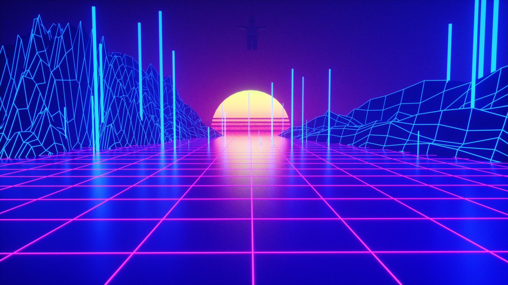 neon, artwork, digital art, Sun, sunset, synthwave, HD Wallpaper