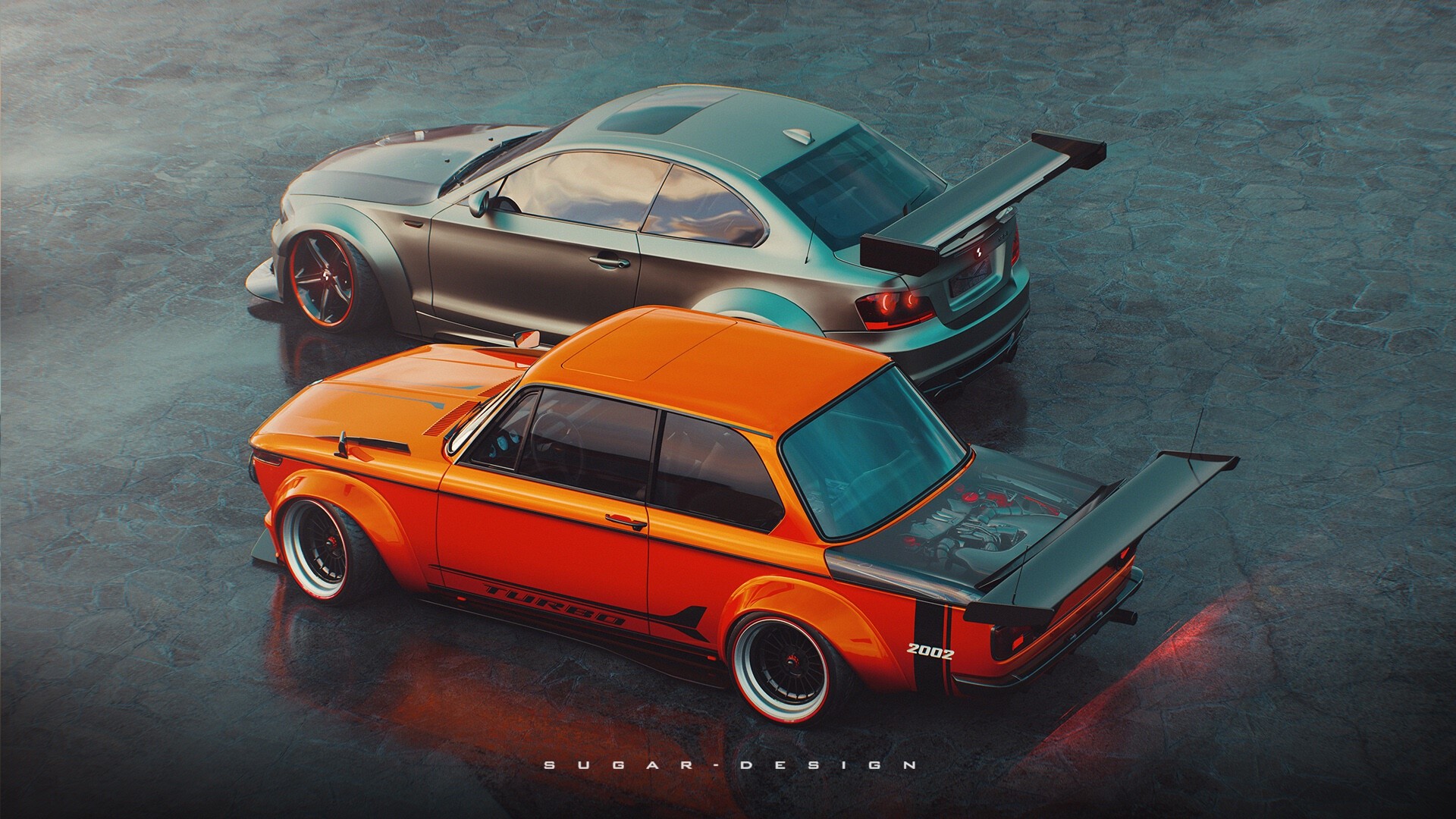 orange cars, silver cars, car, vehicle, BMW, BMW 02 Series, BMW 1, high angle, engine, HD Wallpaper