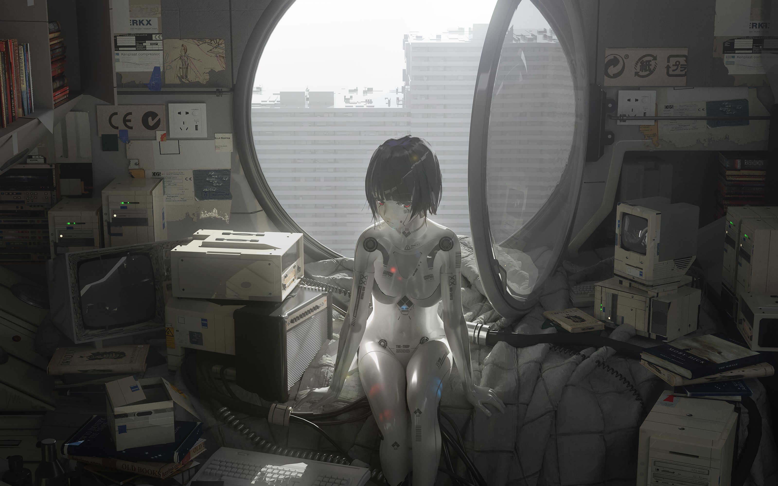 anime, anime girls, digital art, artwork, 2D, portrait, Gynoid, Robots, building, short hair, black hair, black eyes, Retro computers, computer, HD Wallpaper