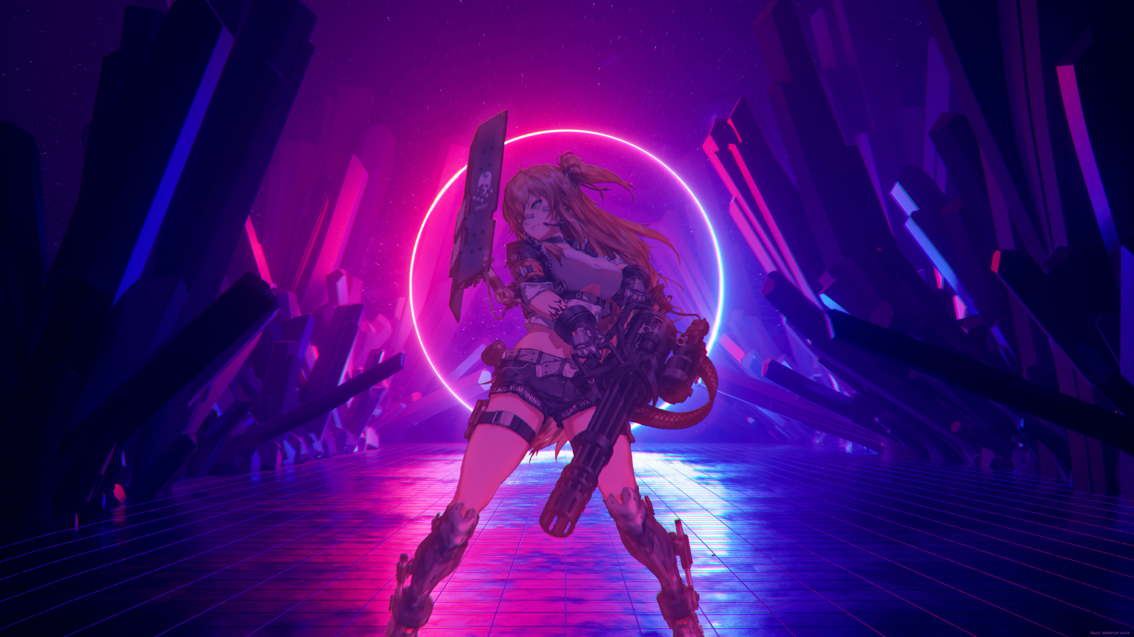 anime, mashup, anime girls, Gatling gun, HD Wallpaper