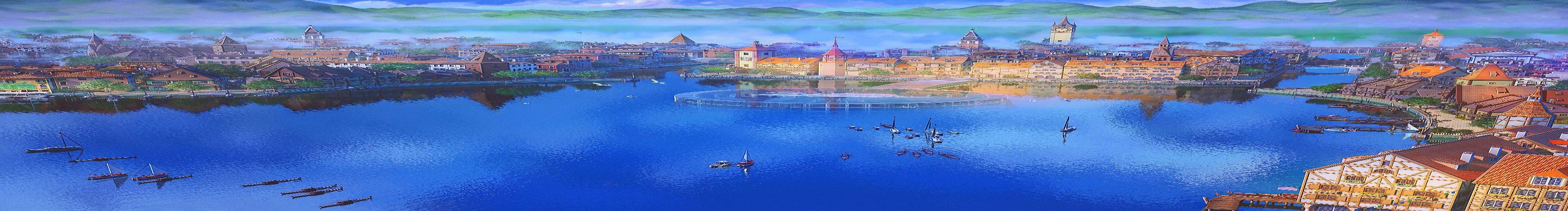 fantasy art, digital art, lake, city, town, daylight, water, harbor, boat, artwork, HD Wallpaper
