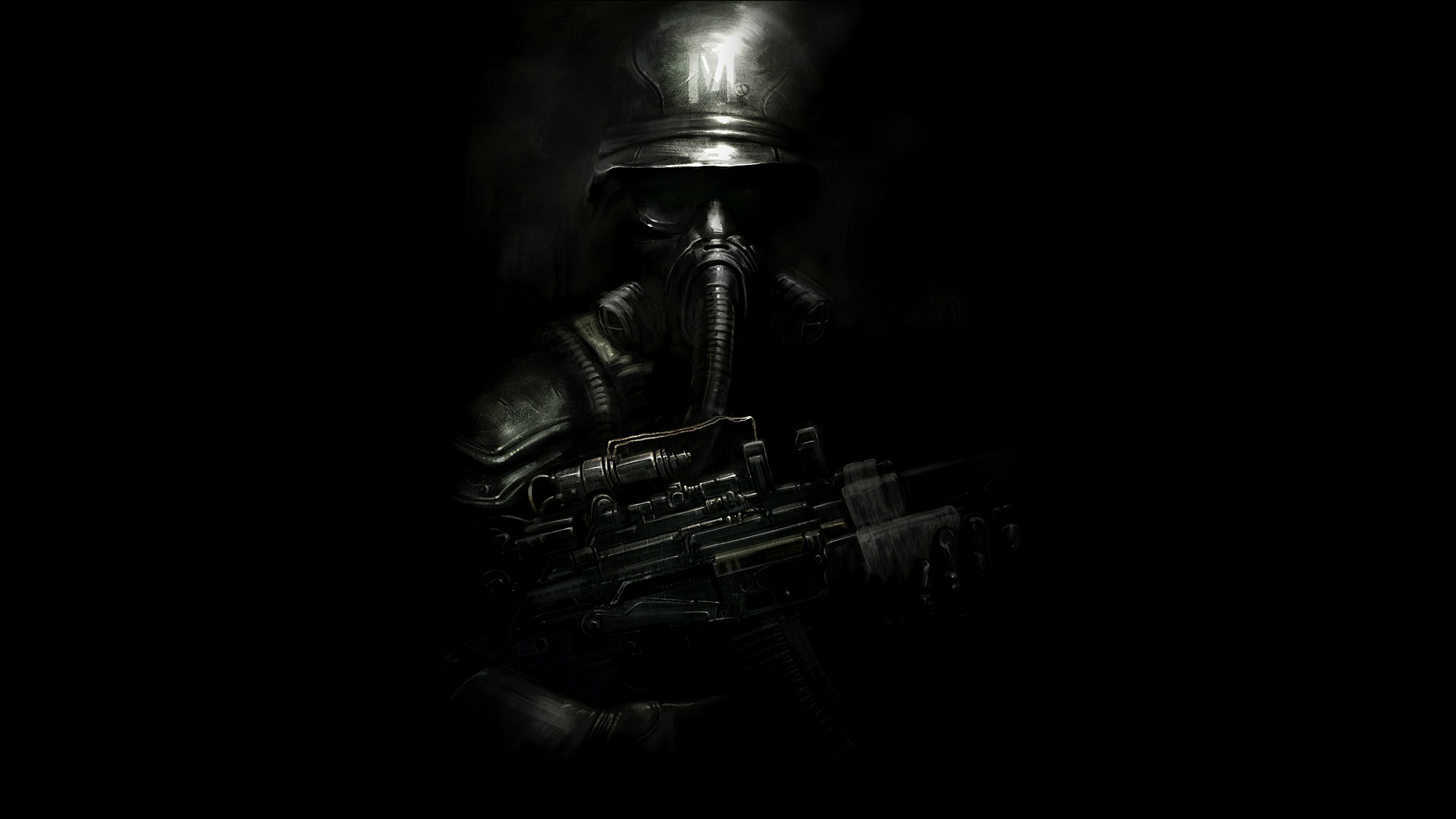 Metro 2033, gas masks, dark, black, weapon, helmet, military, apocalyptic, Moscow, video game art, digital, AK-74M, frontal view, HD Wallpaper