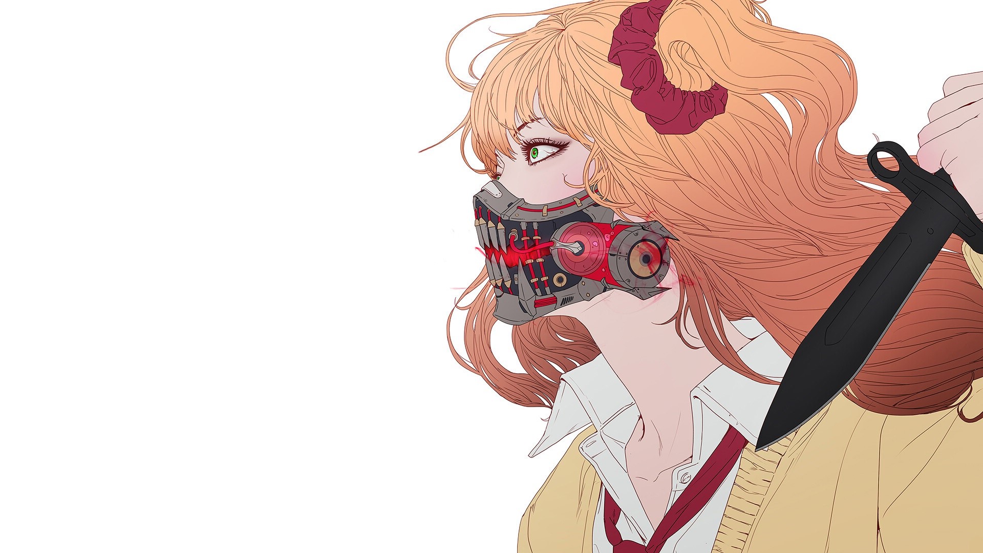 anime, cyberpunk, anime girls, white background, face, mask, long hair, green eyes, weapon, HD Wallpaper
