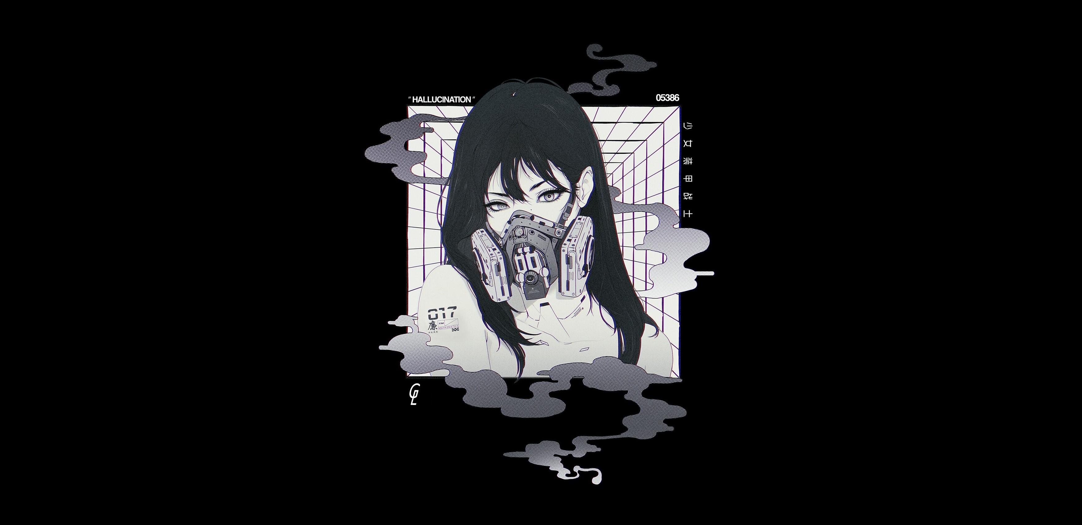 anime girls, face, mask, anime, monochrome, cyberpunk, HD Wallpaper