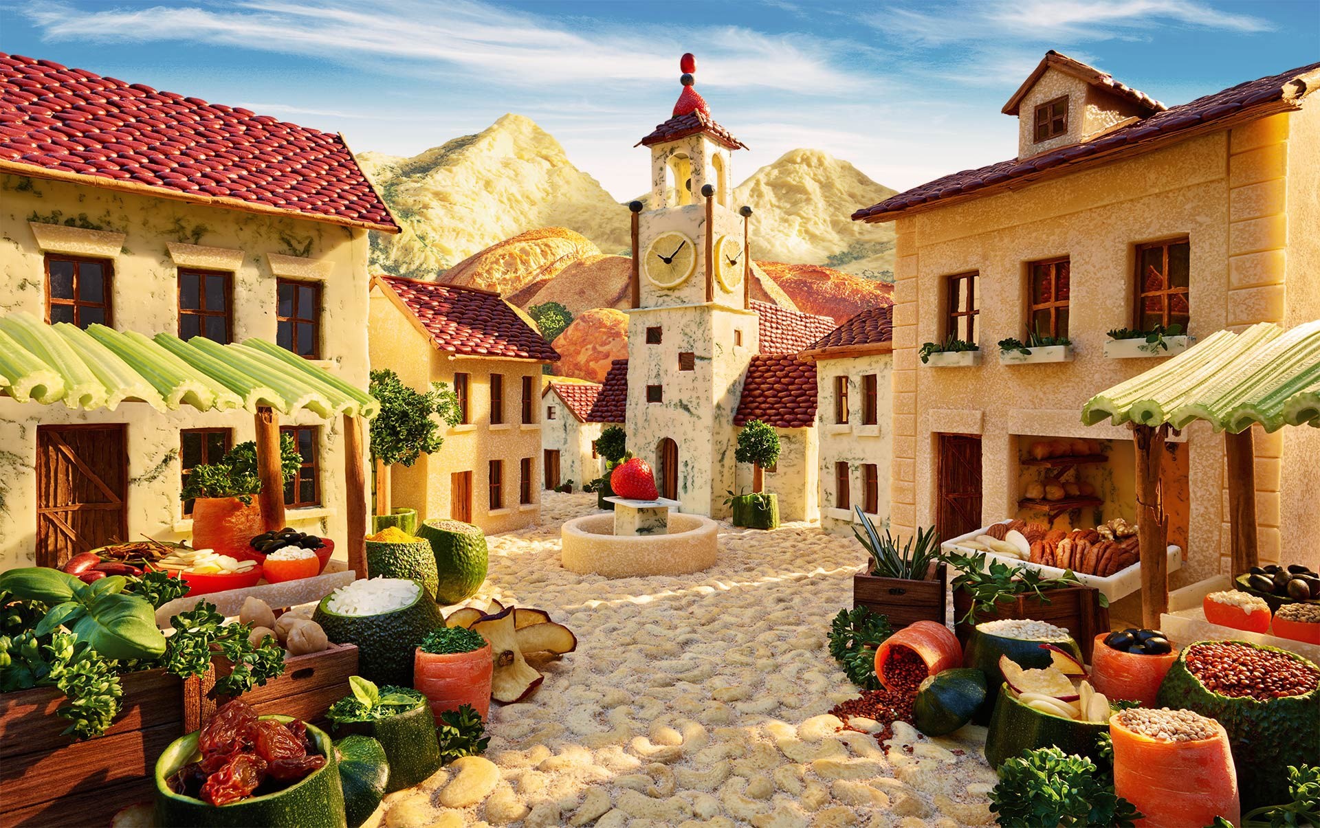 Carl Warner, food, village, artwork, colorful, HD Wallpaper