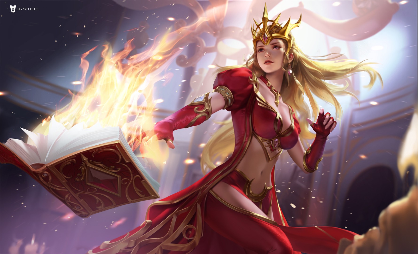 3Q Studio, drawing, women, blonde, long hair, wind, crown, gems, hair accessories, dress, red clothing, gold, magician, spell, fire, books, fantasy girl, HD Wallpaper