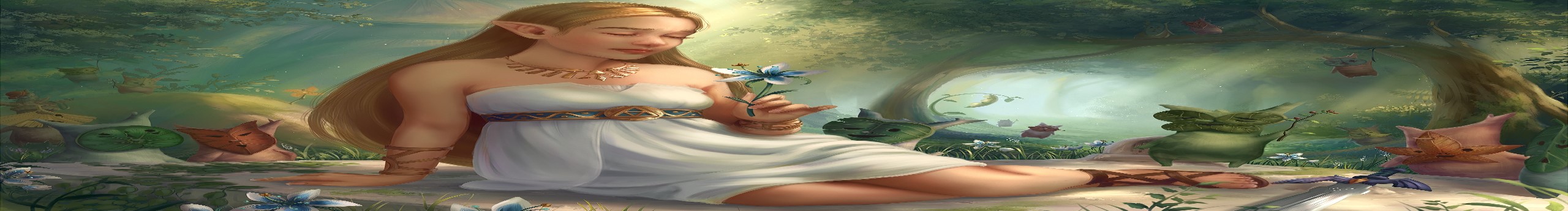forest, Hyrule, nature, princess, Zelda, flowers, sword, daylight, digital art, artwork, painting, video game art, The Legend of Zelda: Breath of the Wild, fantasy art, fantasy girl, closed eyes, pointy ears, long hair, elves, HD Wallpaper