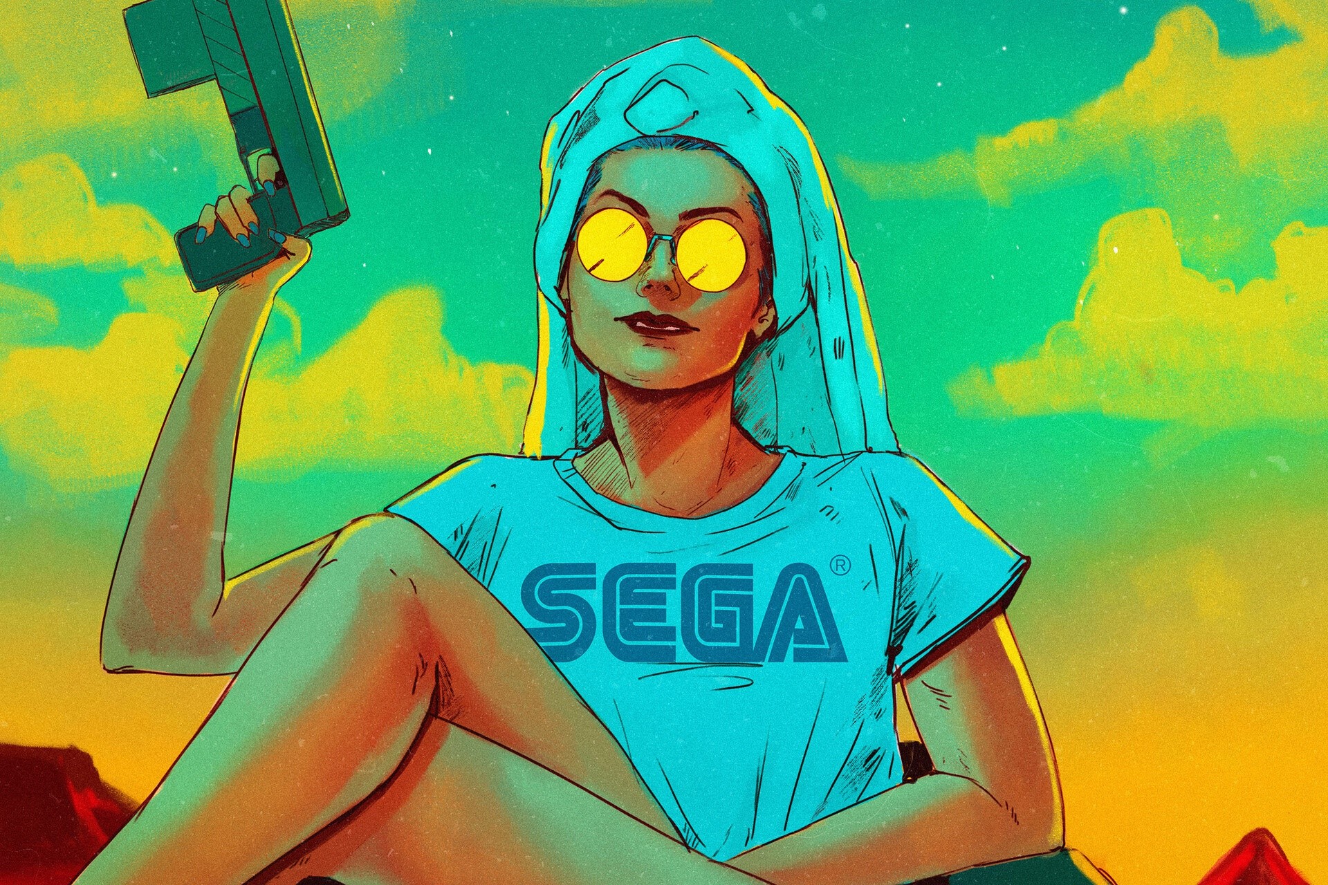Bruno Ferreira, women, T-shirt, weapon, shades, Sega, artwork, HD Wallpaper