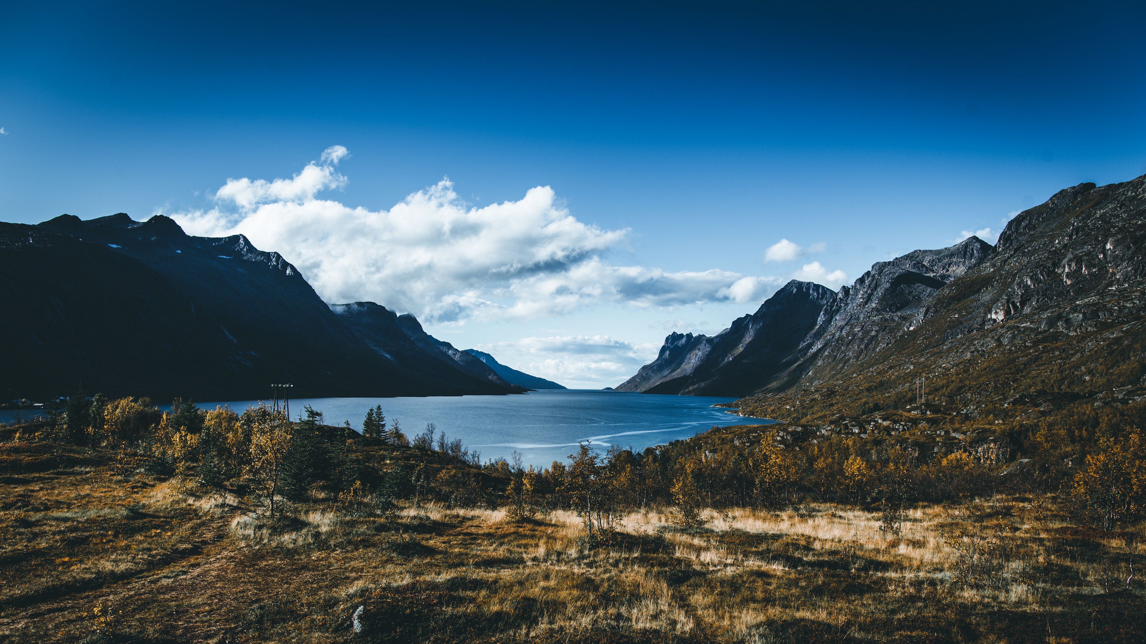 lake, mountains, grass, autumn, landscape, 4k, HD Wallpaper