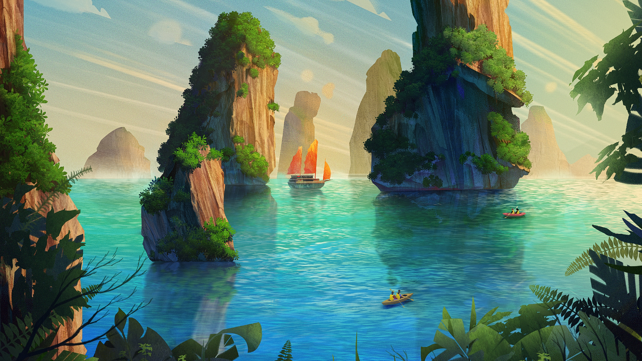 Martina Crepulja, artwork, digital art, landscape, sea, ship, colorful, water, boat, HD Wallpaper