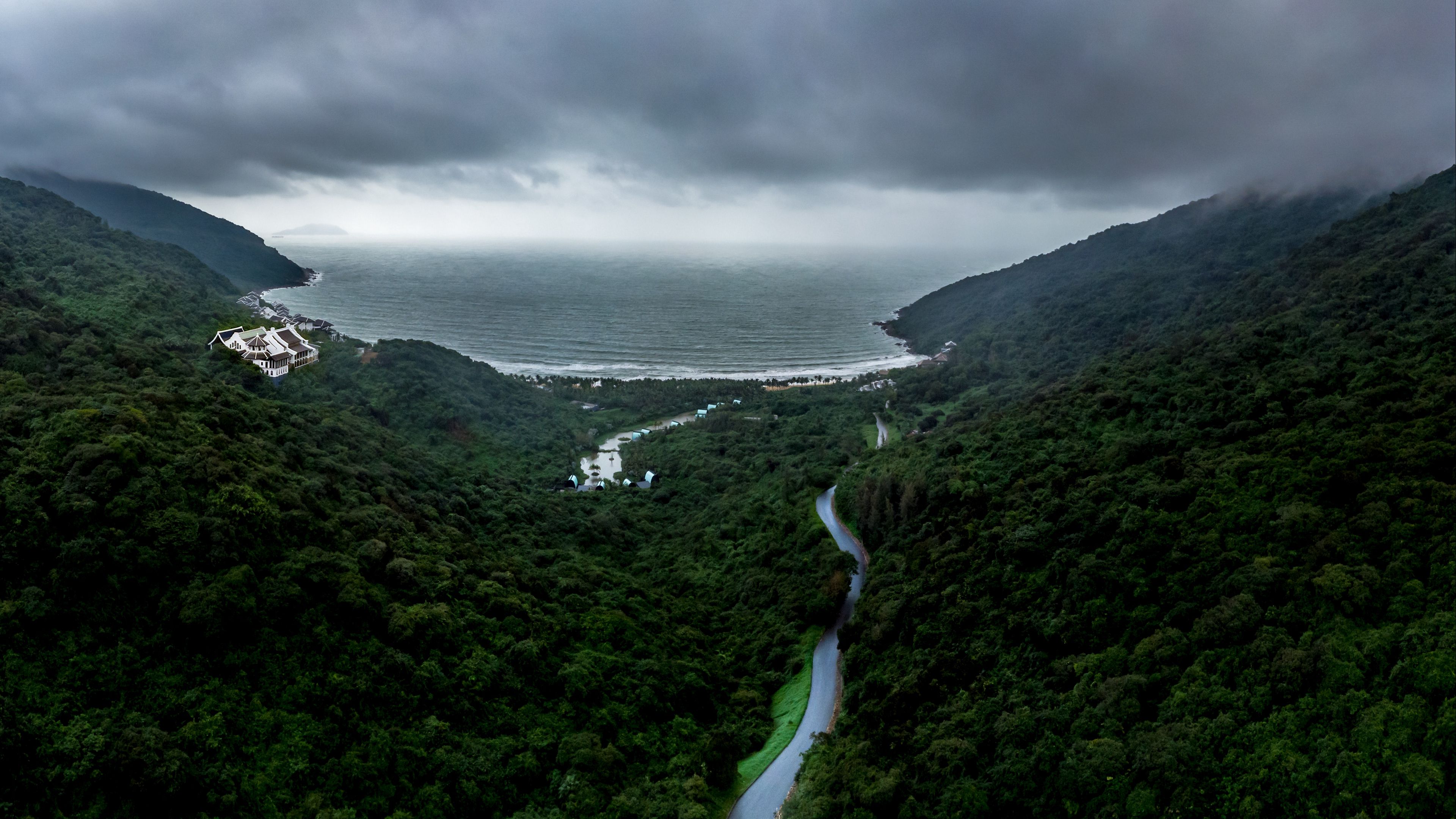 road, fog, aerial view, forest, sky, sea, 4k, HD Wallpaper