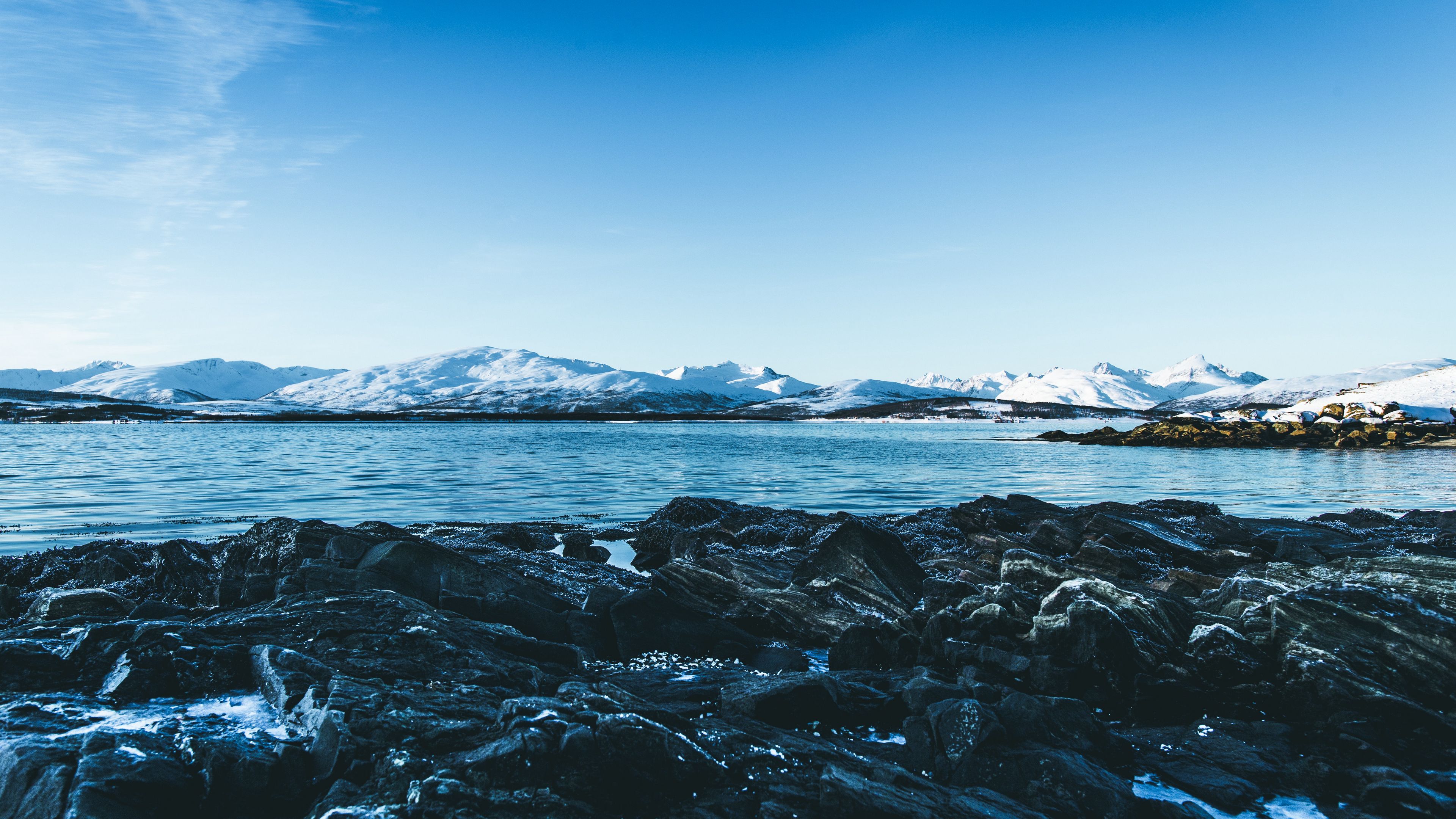 lake, mountains, stones, ice, snow, winter, landscape, sky, 4k, HD Wallpaper
