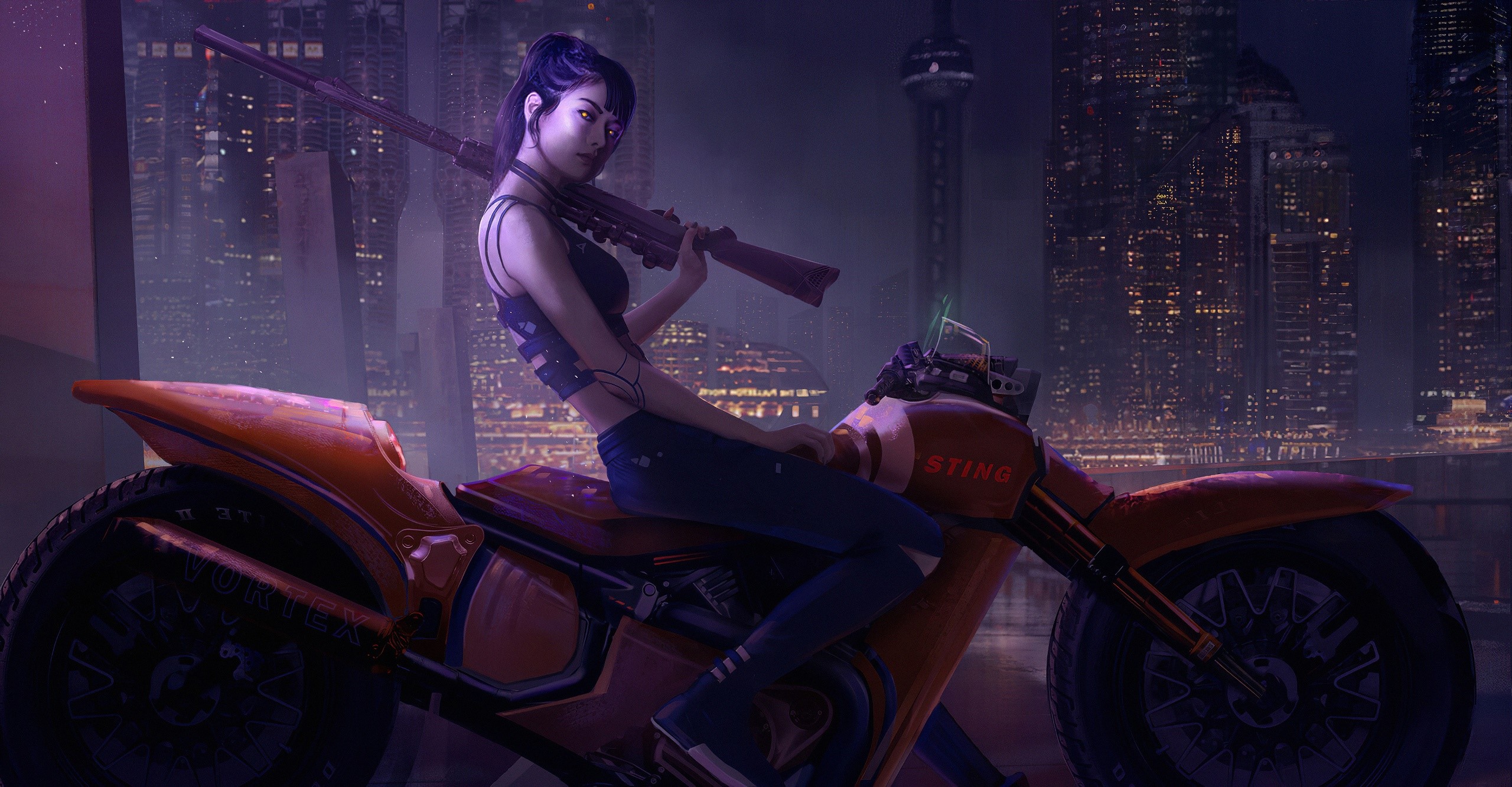 artwork, motorcycle, cityscape, night, women, weapon, vehicle, HD Wallpaper