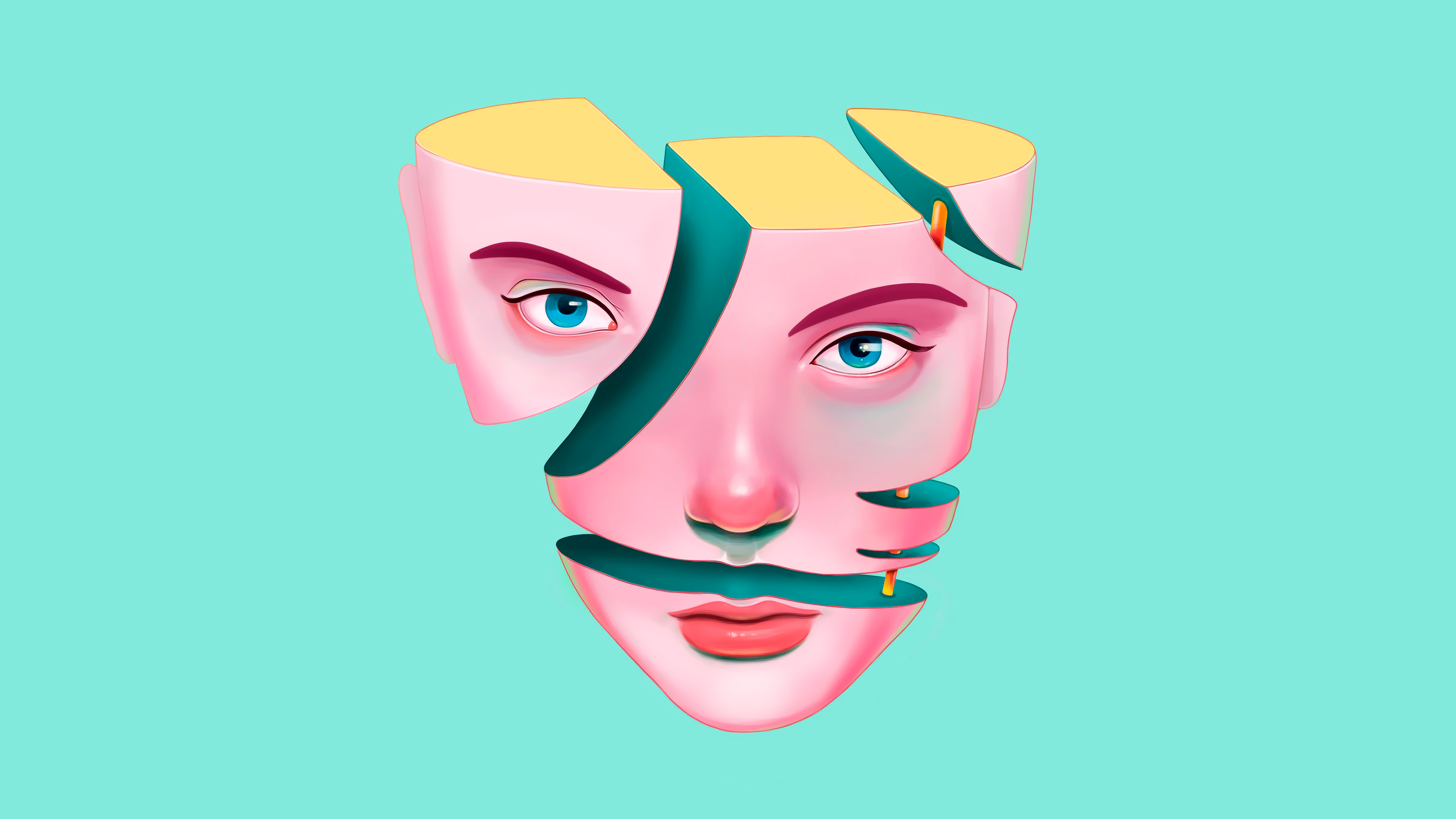 Oscar Llorens, women, face, blue background, digital art, artwork, original characters, cyan, cyan background, HD Wallpaper