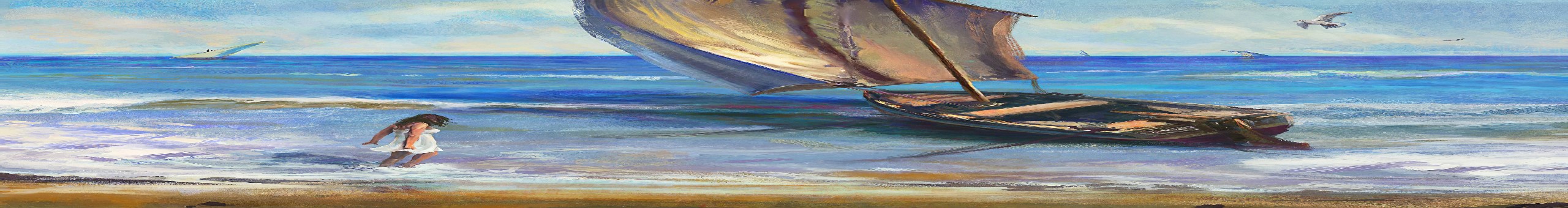 beach, sea, water, ship, walking, digital, oil painting, traditional art, seagulls, sailboats, HD Wallpaper