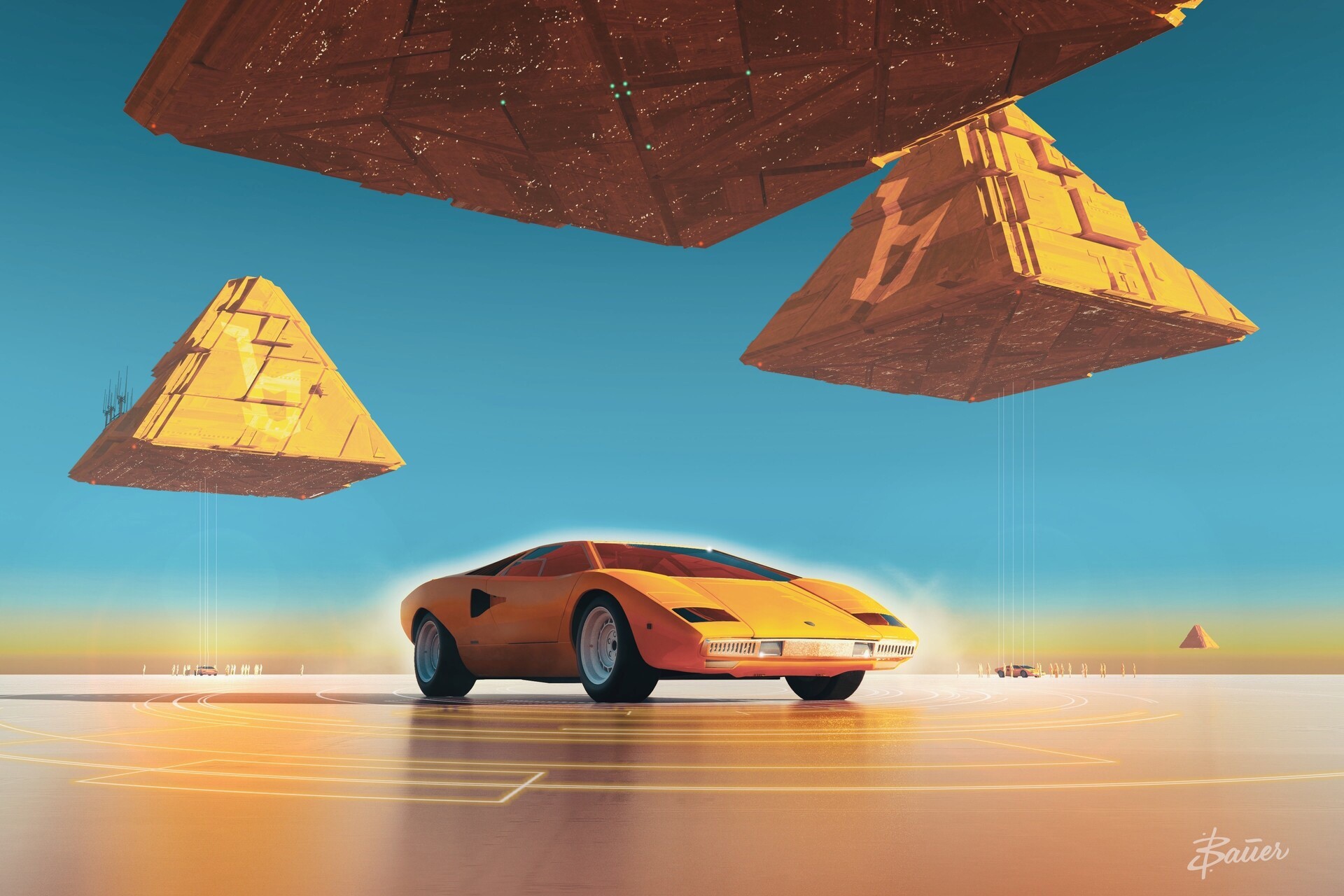 yellow cars, car, pyramid, artwork, vehicle, Lamborghini, Lamborghini Countach, HD Wallpaper