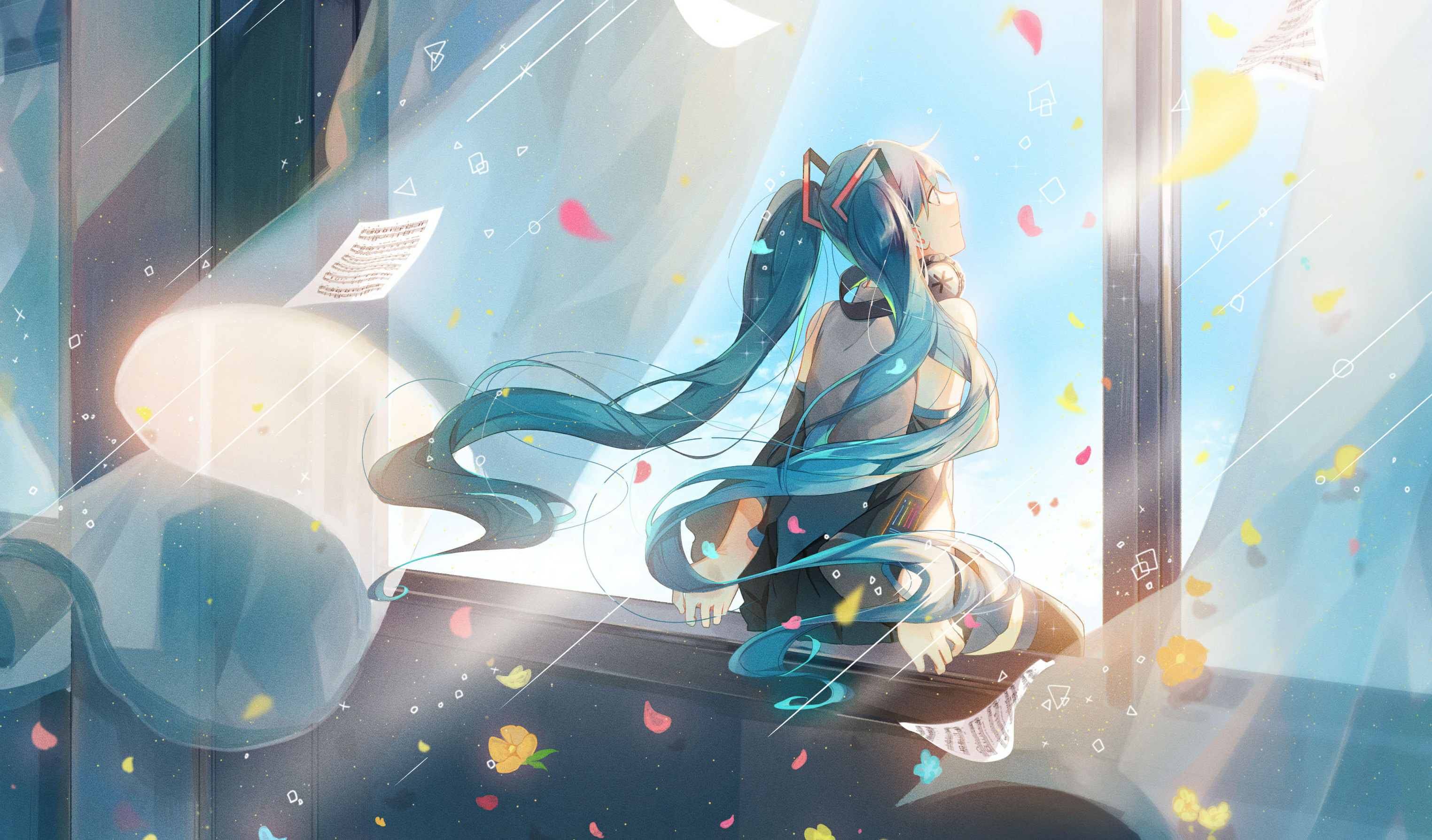 Hatsune Miku, window, anime, Vocaloid, twintails, aqua hair, HD Wallpaper
