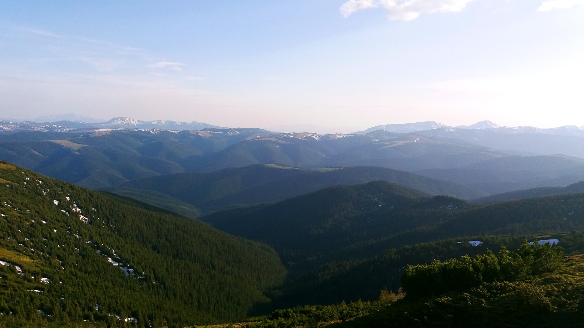 nature, mountains, snowy peak, forest, far view, shadow, sky, landscape, Carpathians, Ukraine, HD Wallpaper