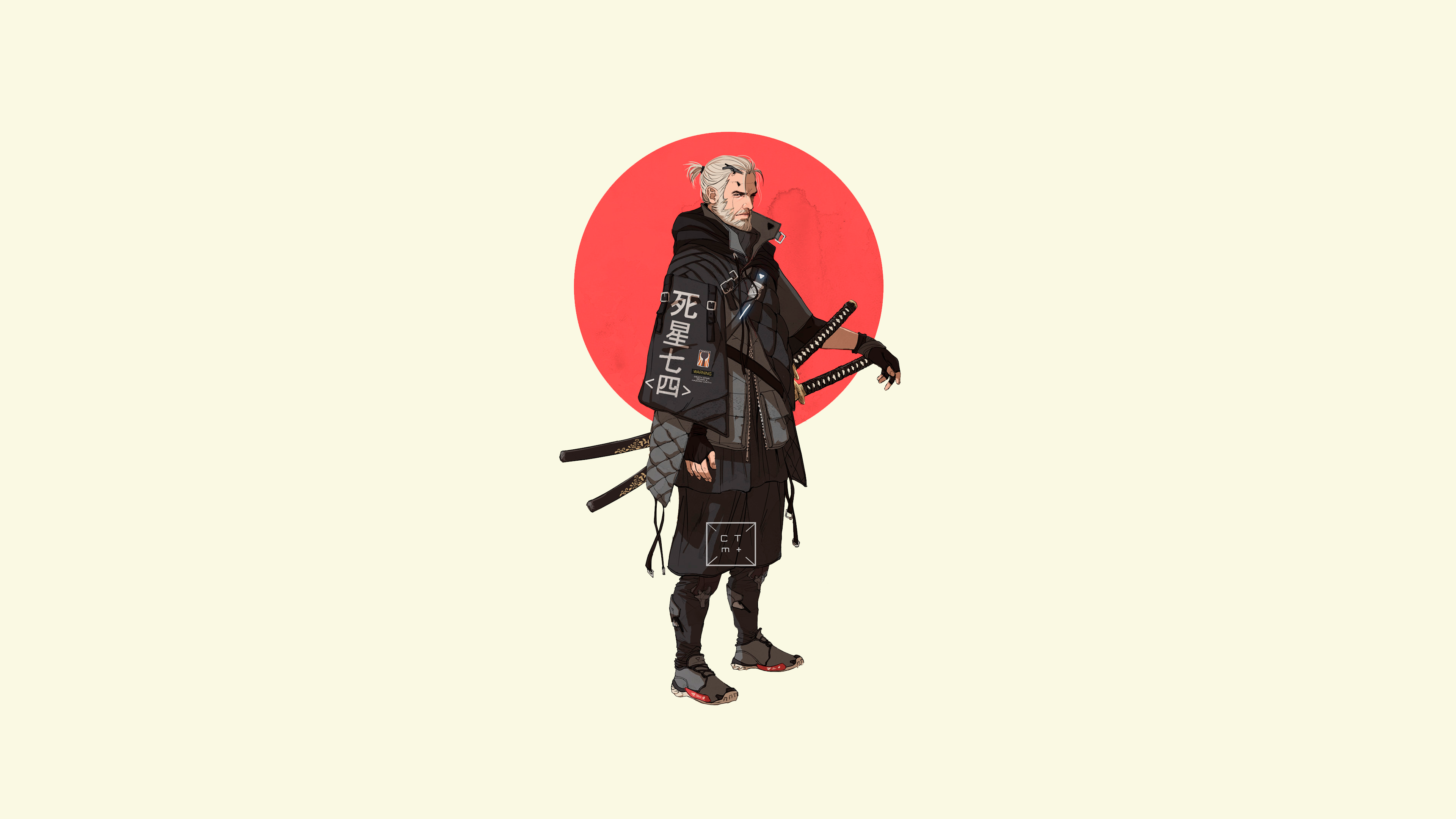The Witcher, minimalism, Geralt of Rivia, simple background, Japanese characters, katana, white background, HD Wallpaper