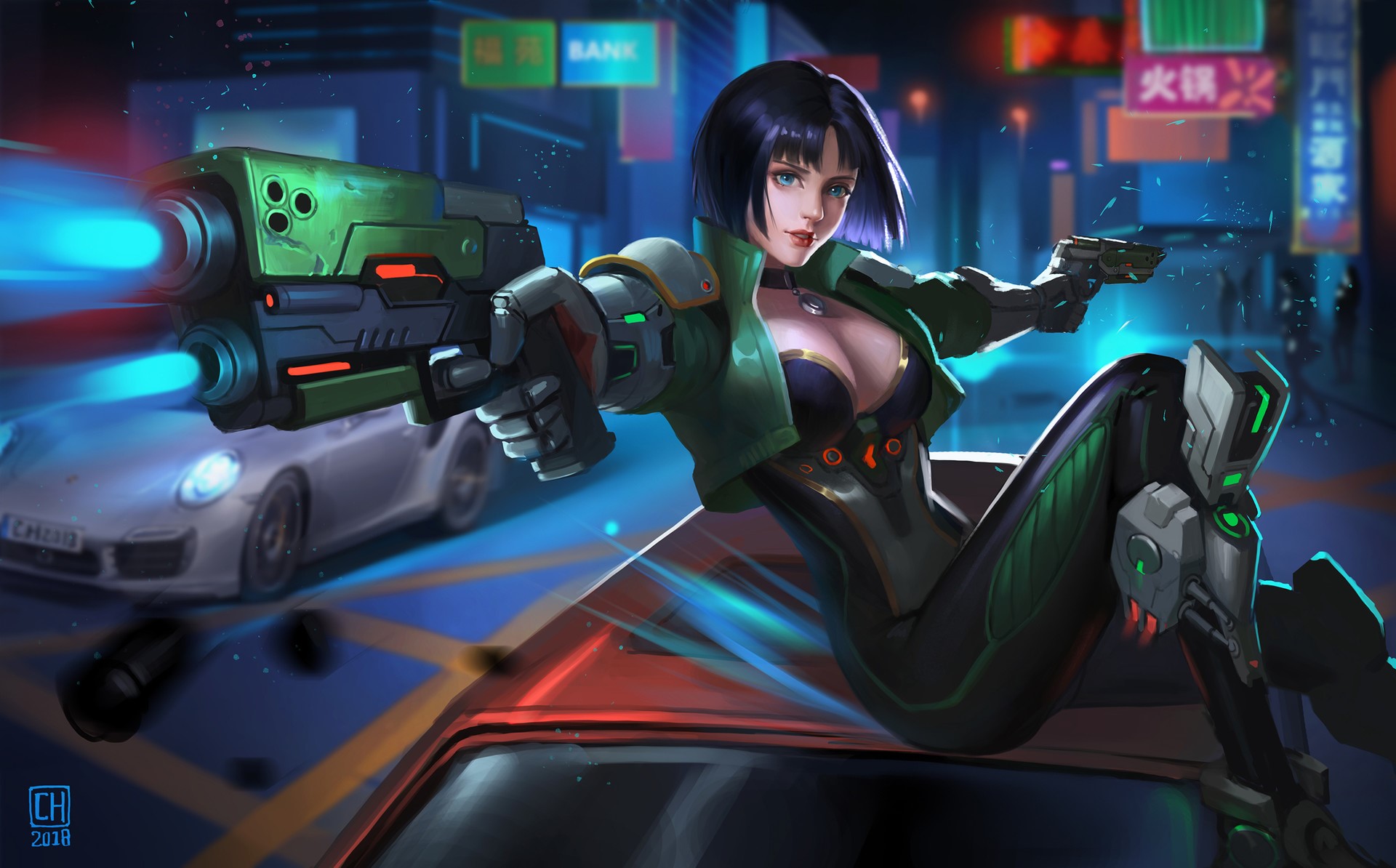 artwork, ArtStation, car, gun, weapon, women, blue eyes, dark hair, necklace, futuristic, cleavage, Porsche, Porsche 911, cyberpunk, Porsche 991, HD Wallpaper