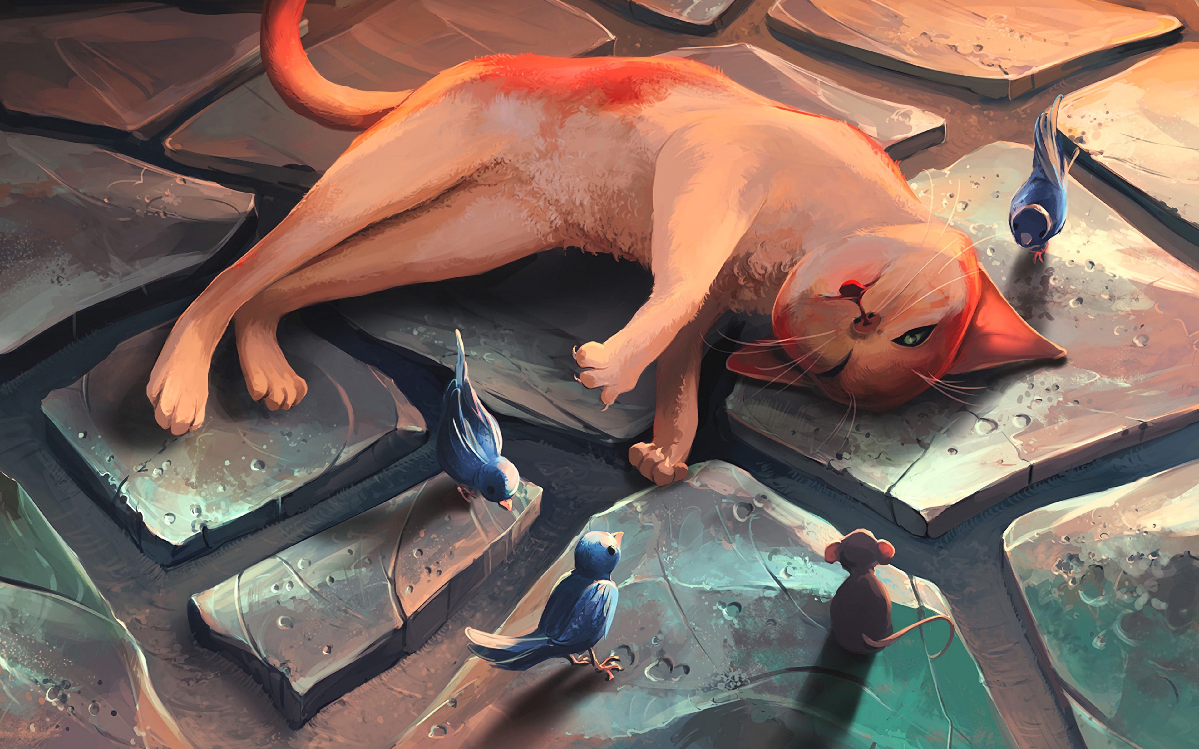 animals, birds, cats, mammals, artwork, HD Wallpaper