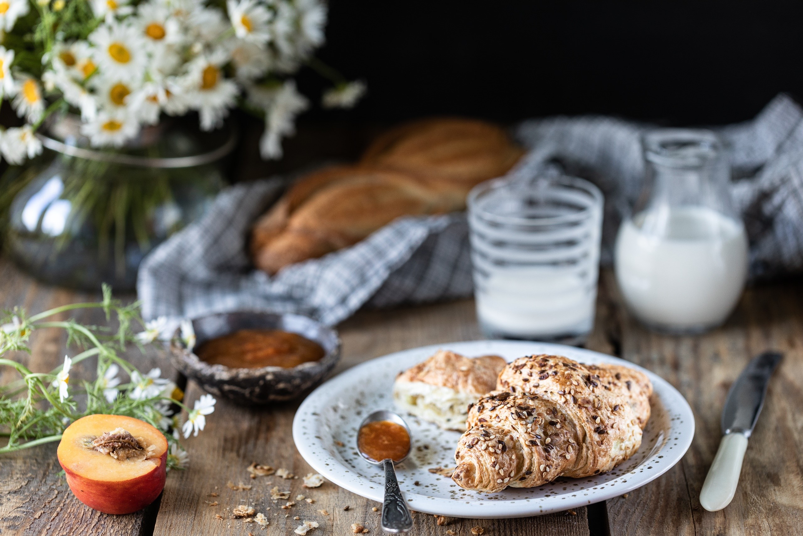 still life, food, breakfast, sweets, milk, bread, fruit, HD Wallpaper