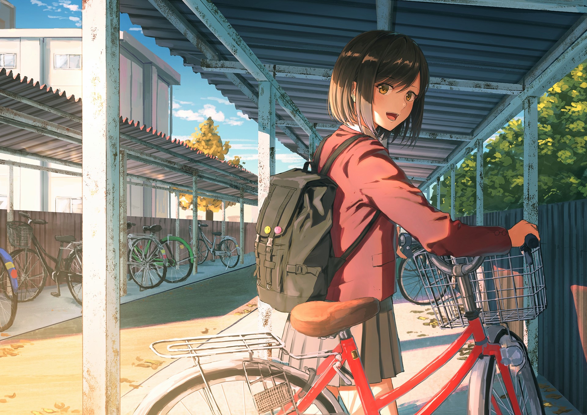 bicycle, brunette, building, city, clouds, school uniform, short hair, yellow eyes, sky, HD Wallpaper