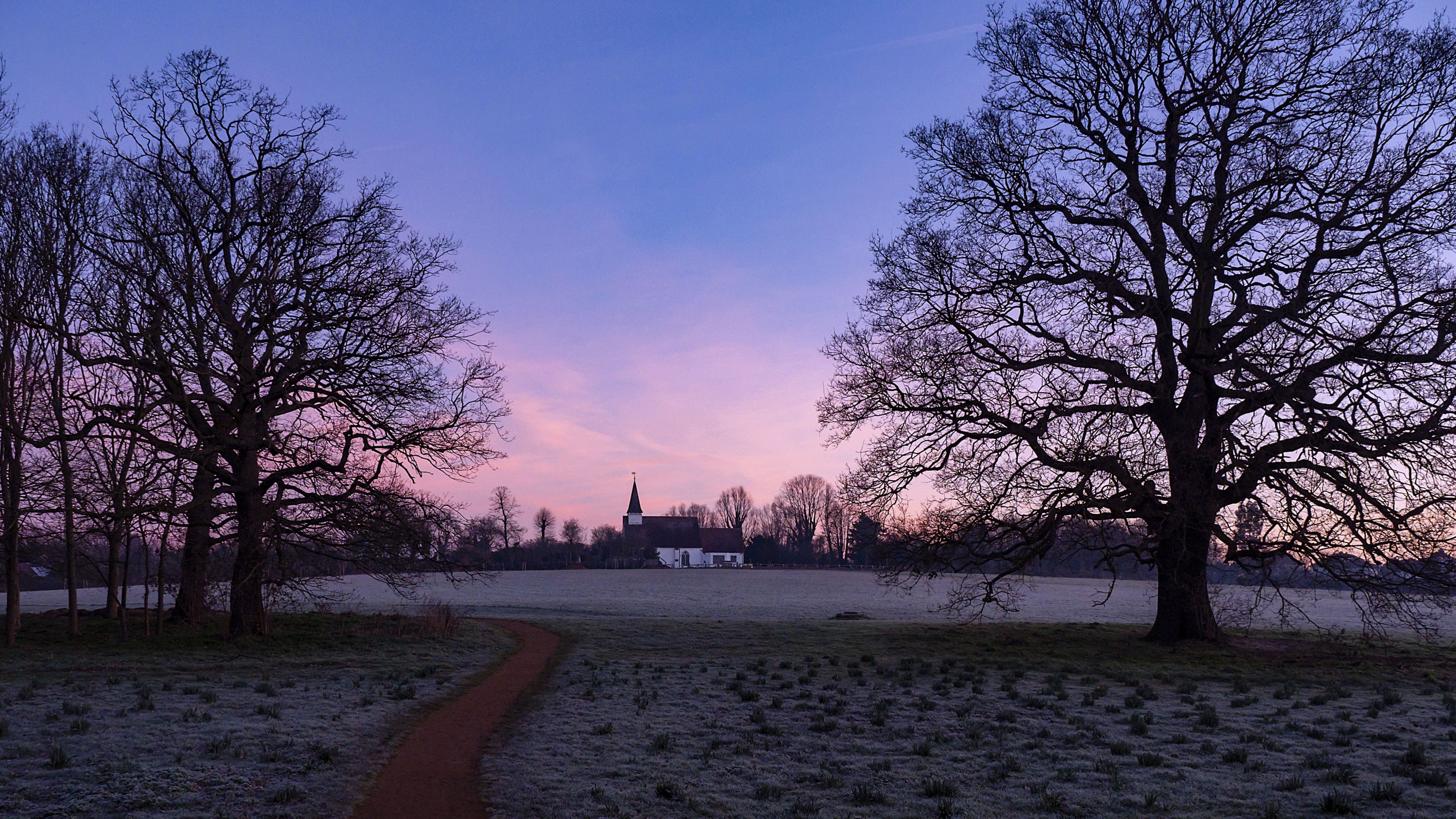 church, sunset, trees, grass, frost, 4k, HD Wallpaper
