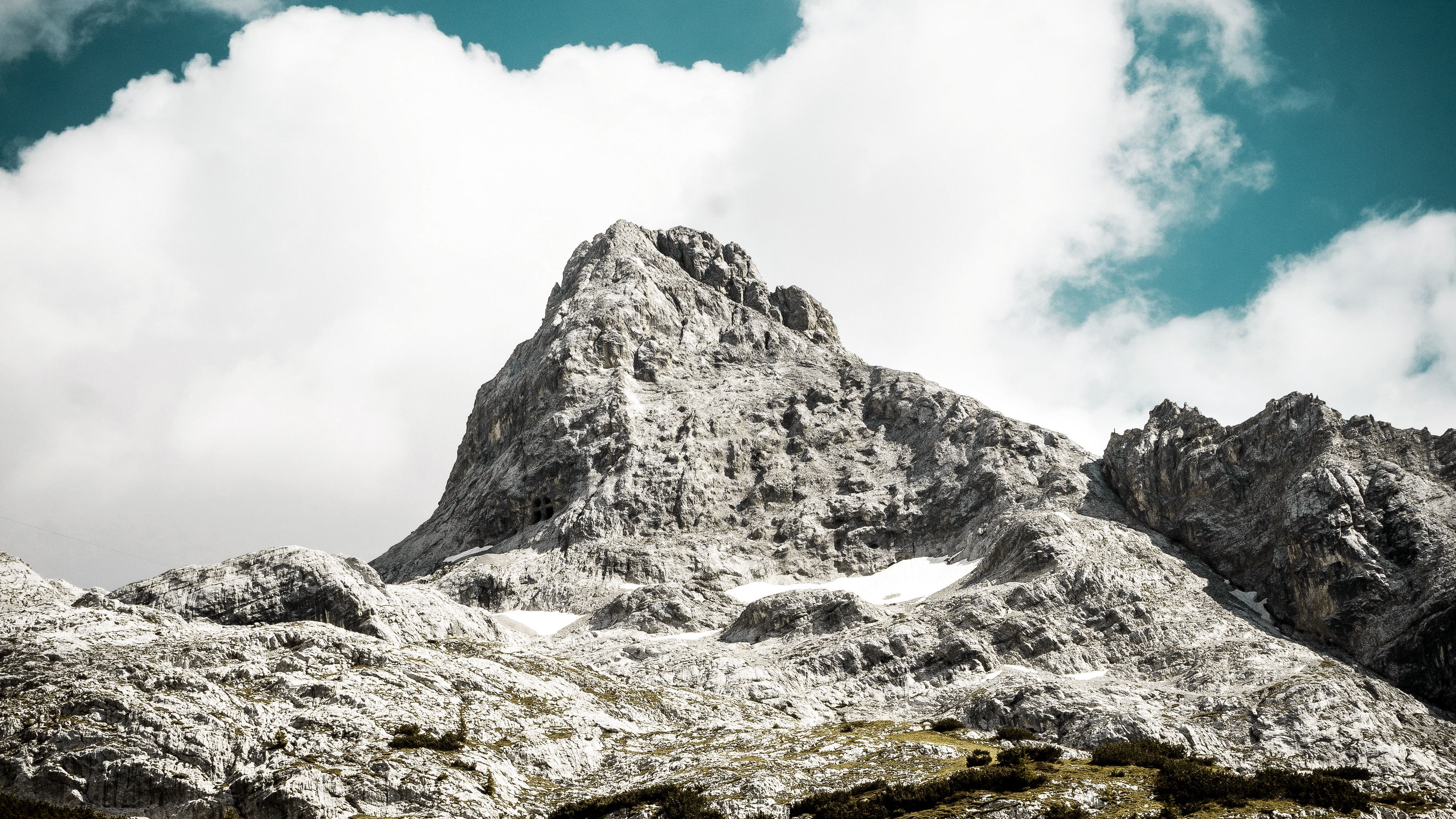 mountain, peak, sky, clouds, stones, 4k, HD Wallpaper