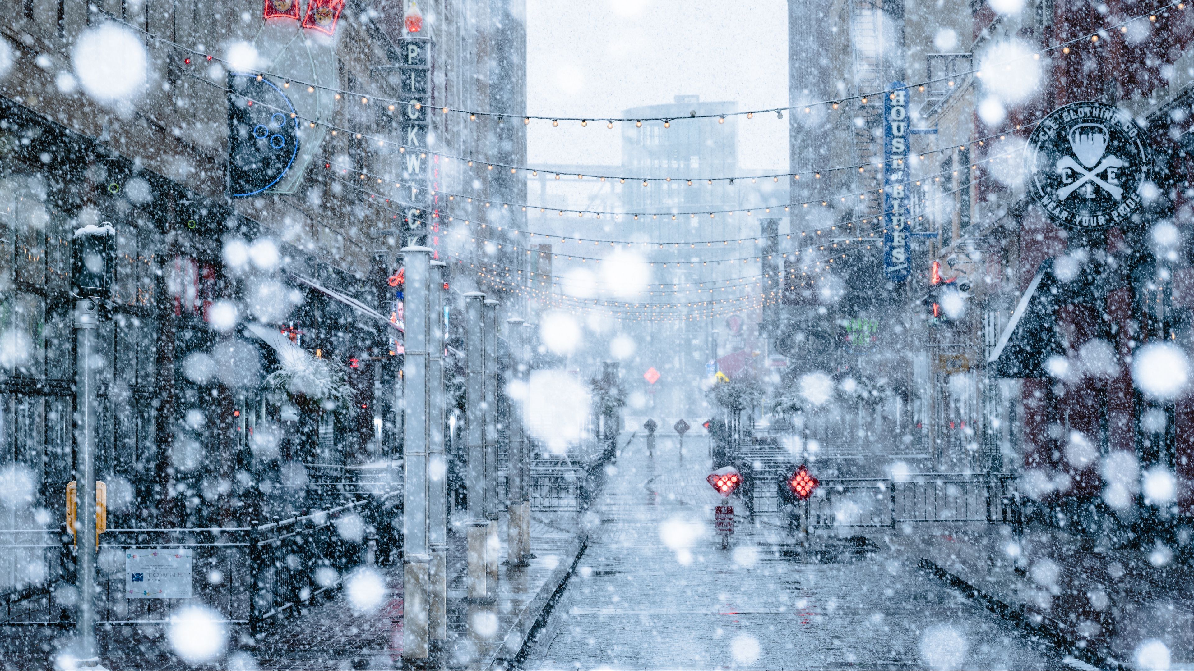 snowfall, snow, street, city, winter, 4k, HD Wallpaper