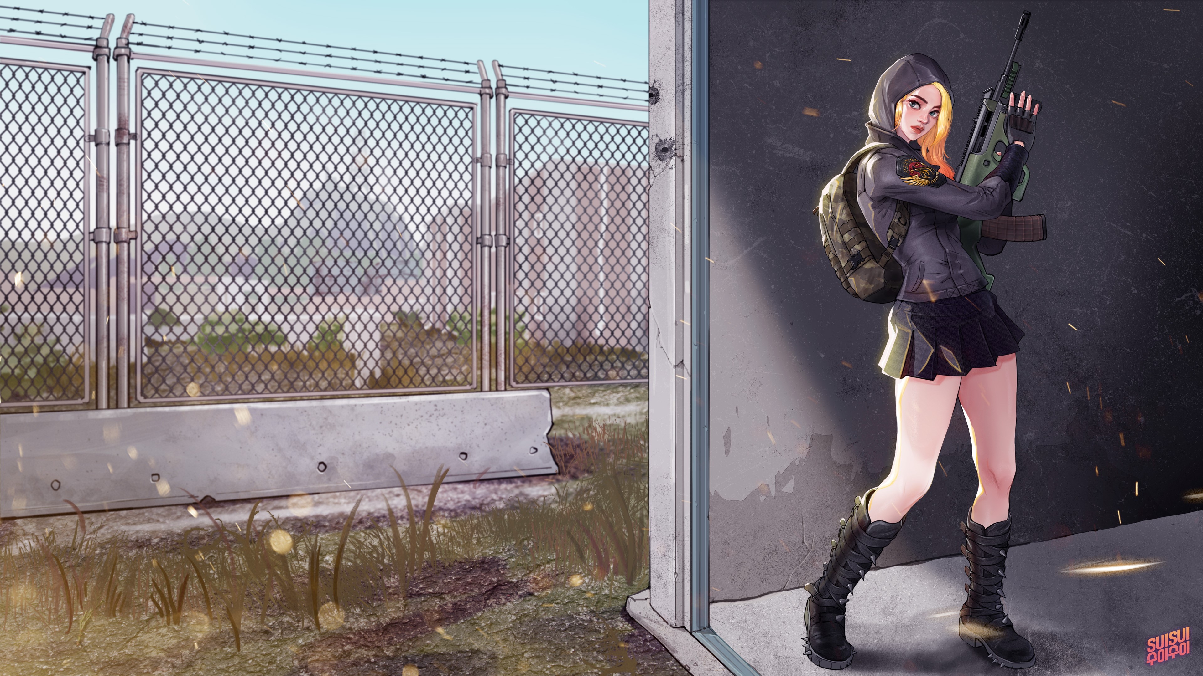 thighs, miniskirt, weapon, machine gun, anime girls, anime, hoods, HD Wallpaper