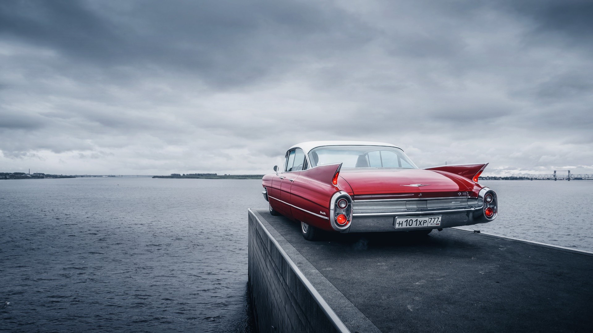 red cars, car, vehicle, water, Cadillac, Cadillac de Ville, numbers, HD Wallpaper