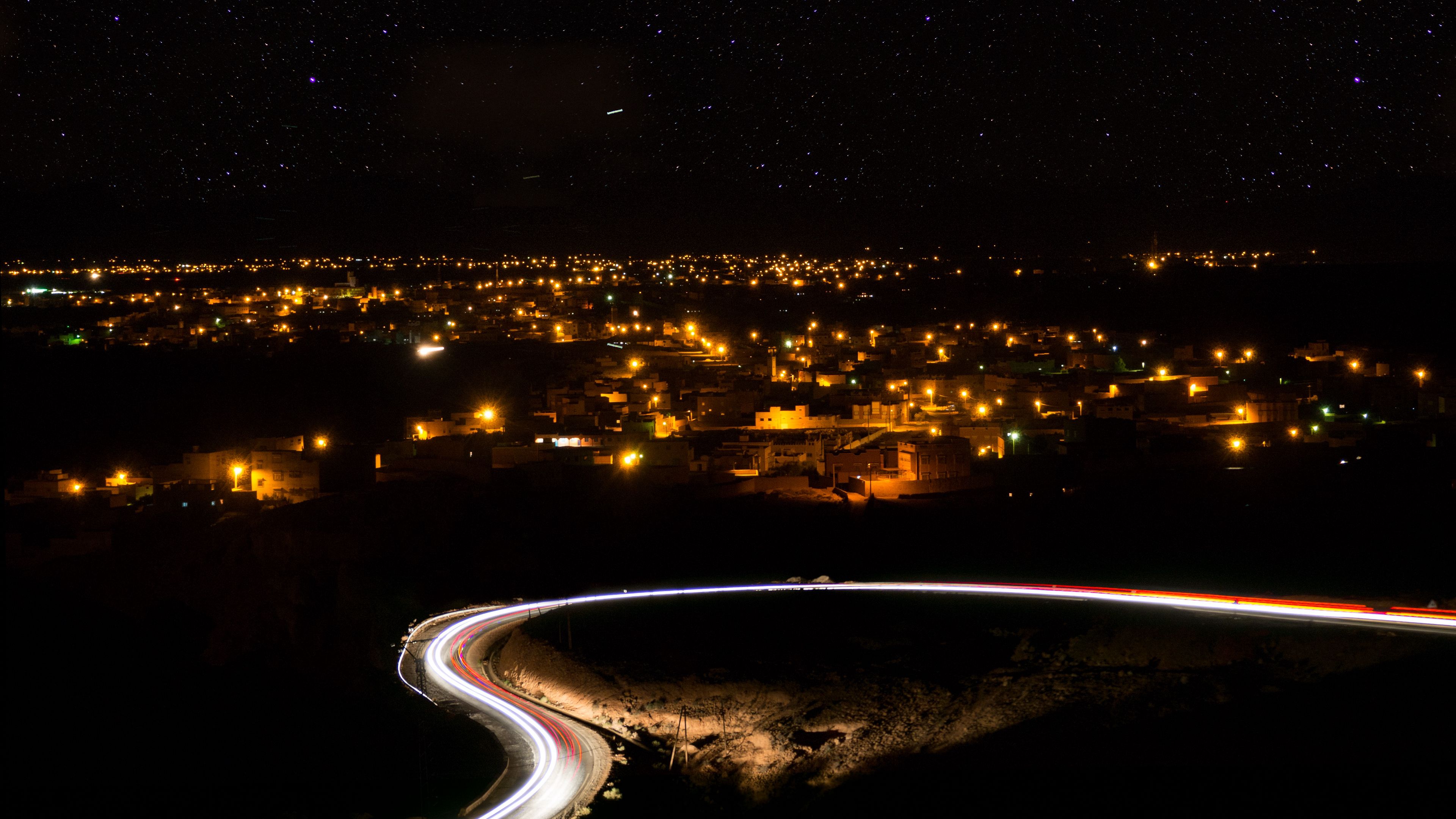 night city, road, long exposure, city lights, starry sky, 4k, HD Wallpaper
