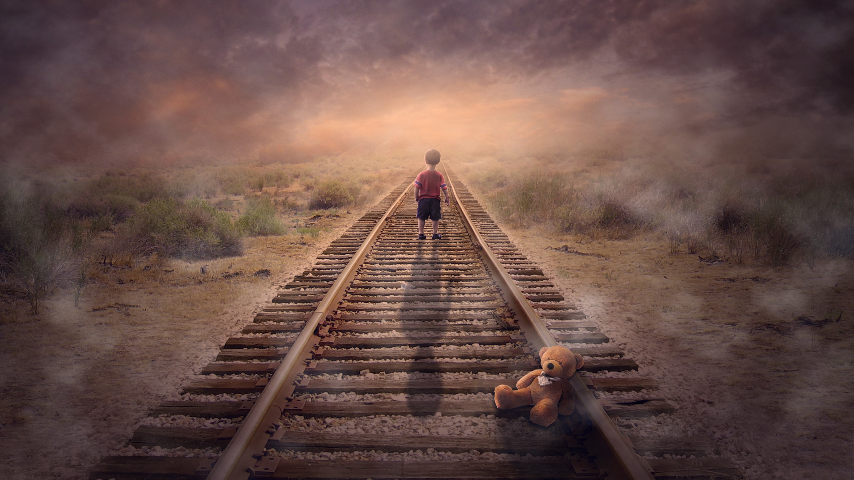 railway, children, teddy bears, HD Wallpaper