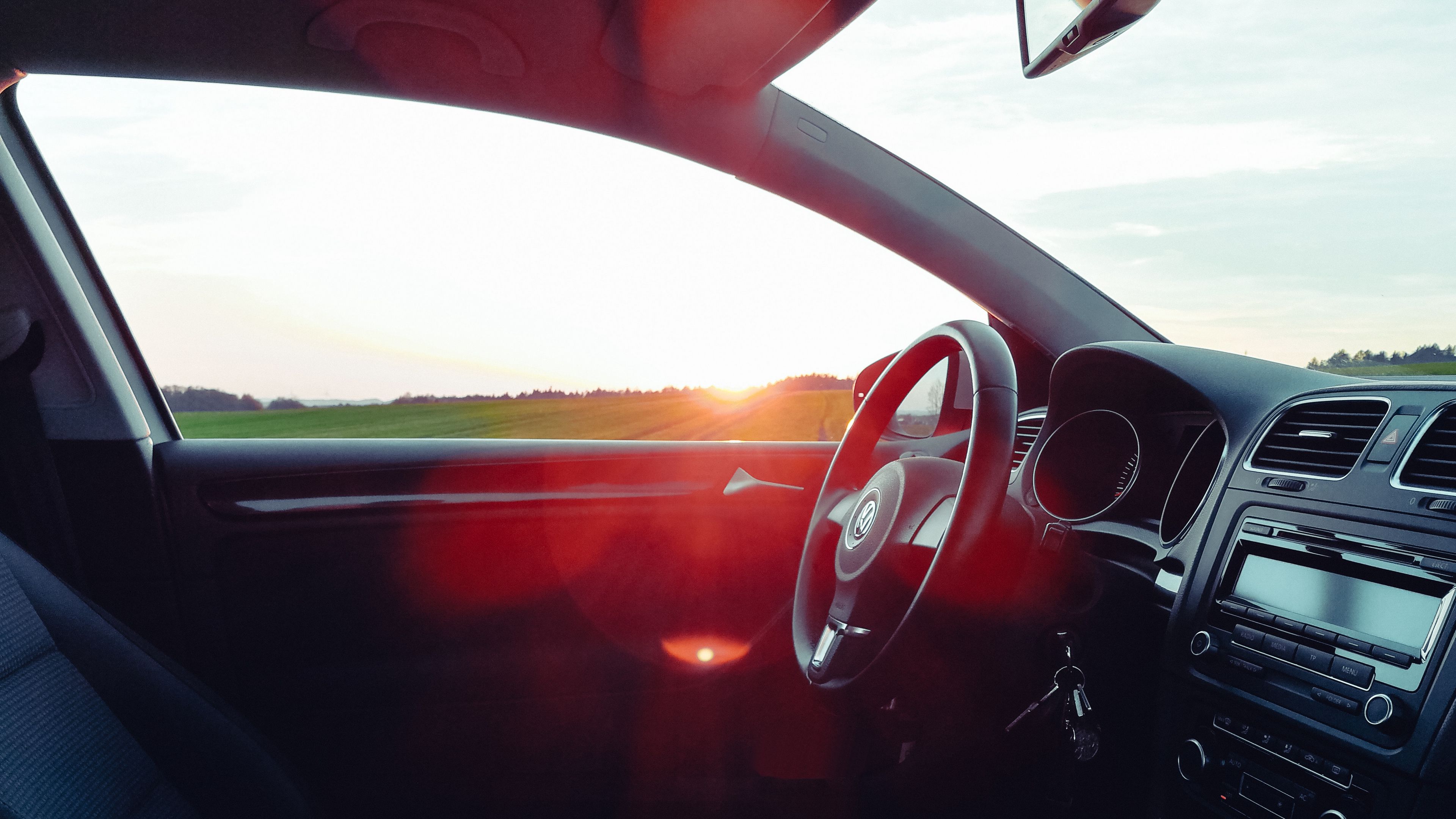 volkswagen, salon, steering, car, sunset, glare, 4k, HD Wallpaper