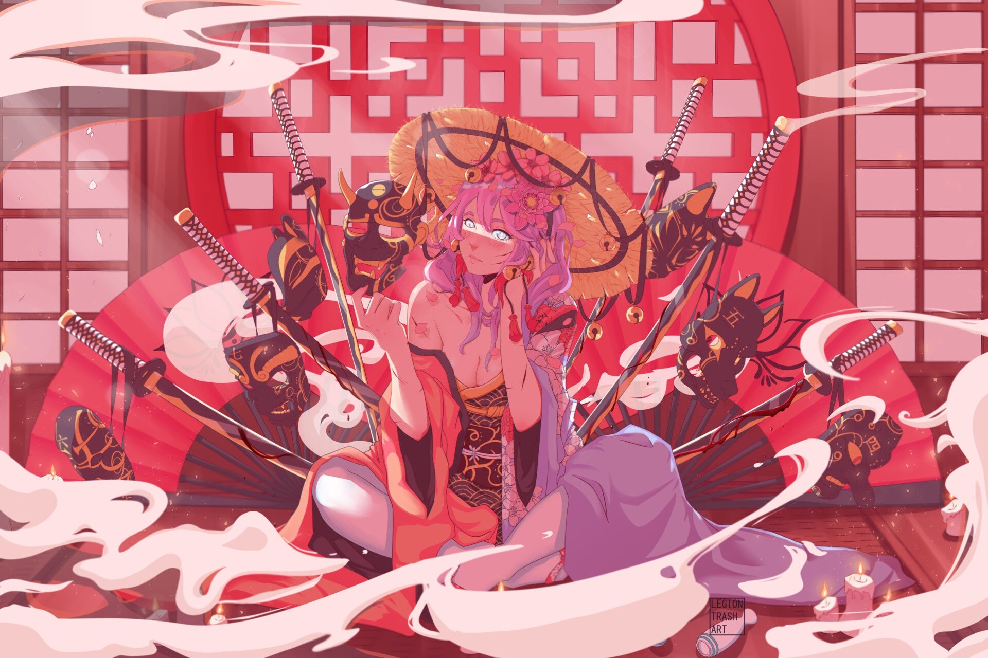 anime, anime girls, fantasy art, fantasy girl, illustration, katana, mask, pink hair, HD Wallpaper