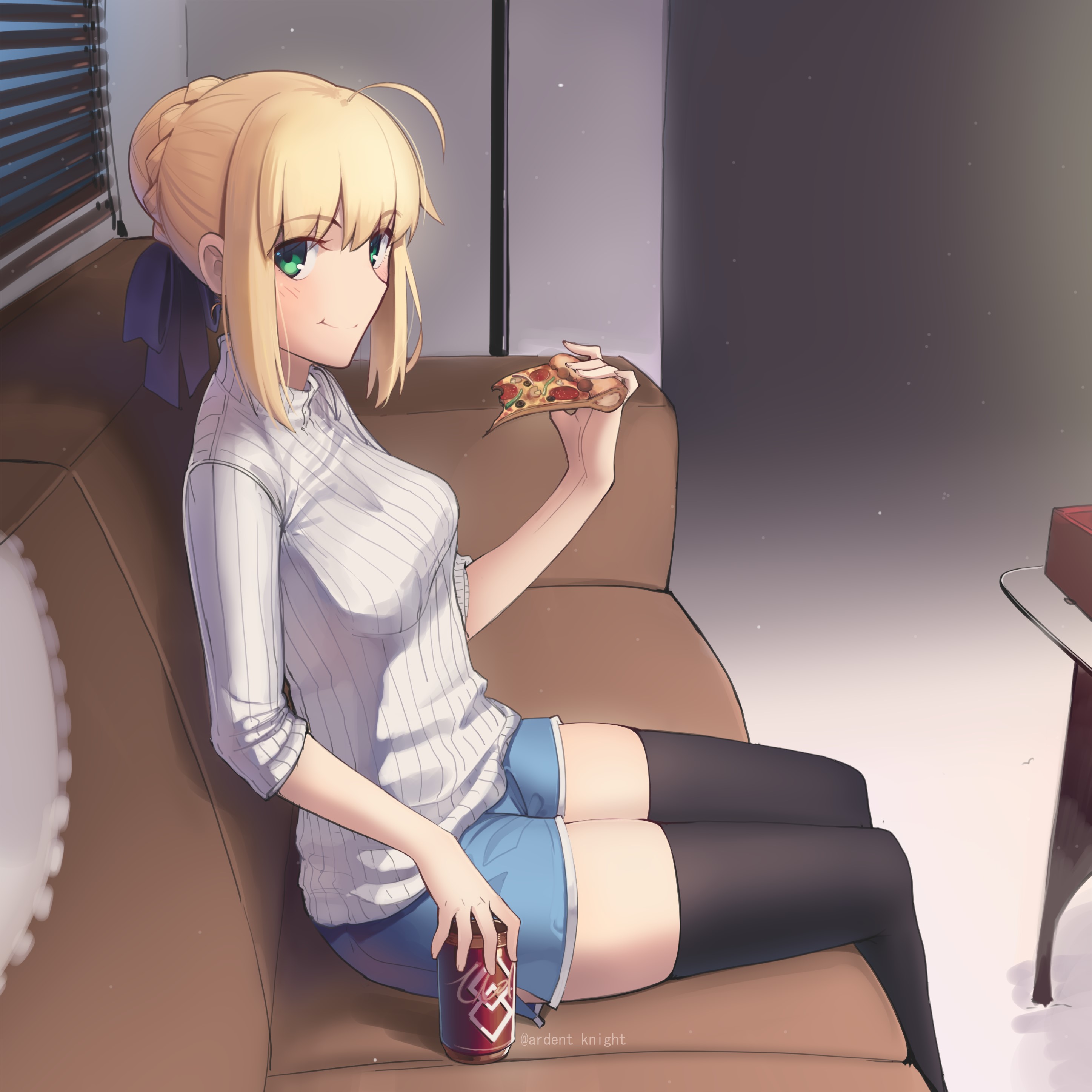 Fate Series, FGO, Fate/Stay Night, anime girls, fan art, 2D, anime girls eating, long hair, blond hair, looking at viewer, jean shorts, thigh-highs, black stockings, braided hair, Saber, Arturia Pendragon, small boobs, green eyes, HD Wallpaper