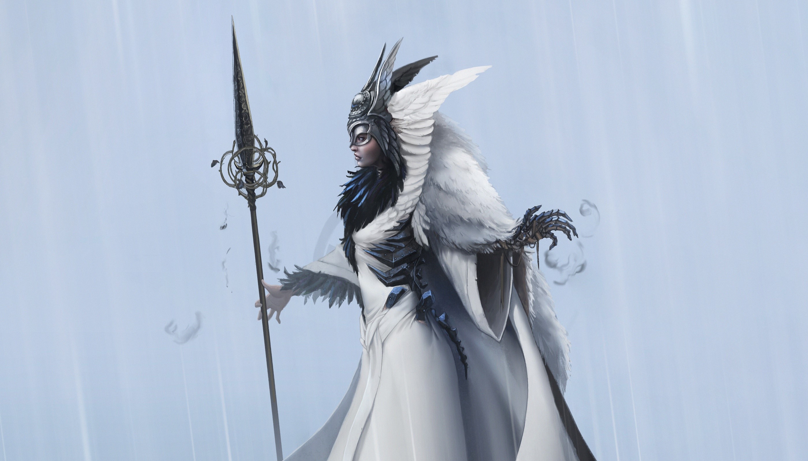 Andreas Nilsson, artwork, fantasy girl, fantasy art, simple background, Valkirie, feathers, HD Wallpaper