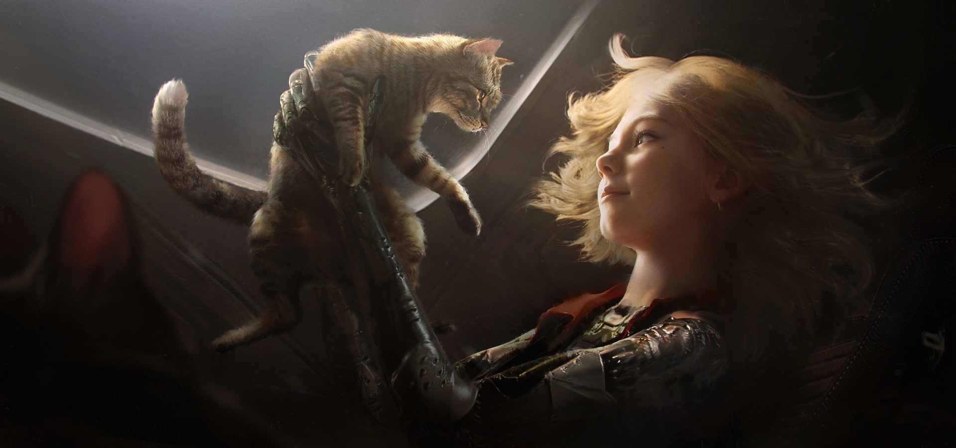 artwork, futuristic, cats, women, cyborg, blonde, animals, HD Wallpaper