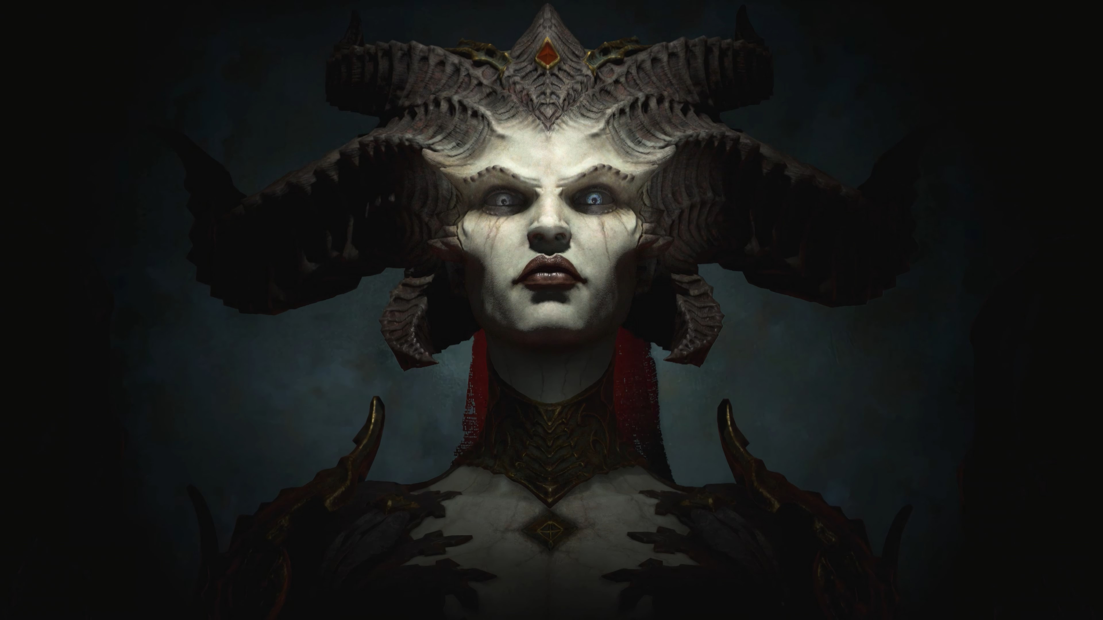 digital art, artwork, video games, Diablo, diablo iv, diablo 4, Lilith (Diablo), horns, looking at viewer, blue eyes, frontal view, HD Wallpaper