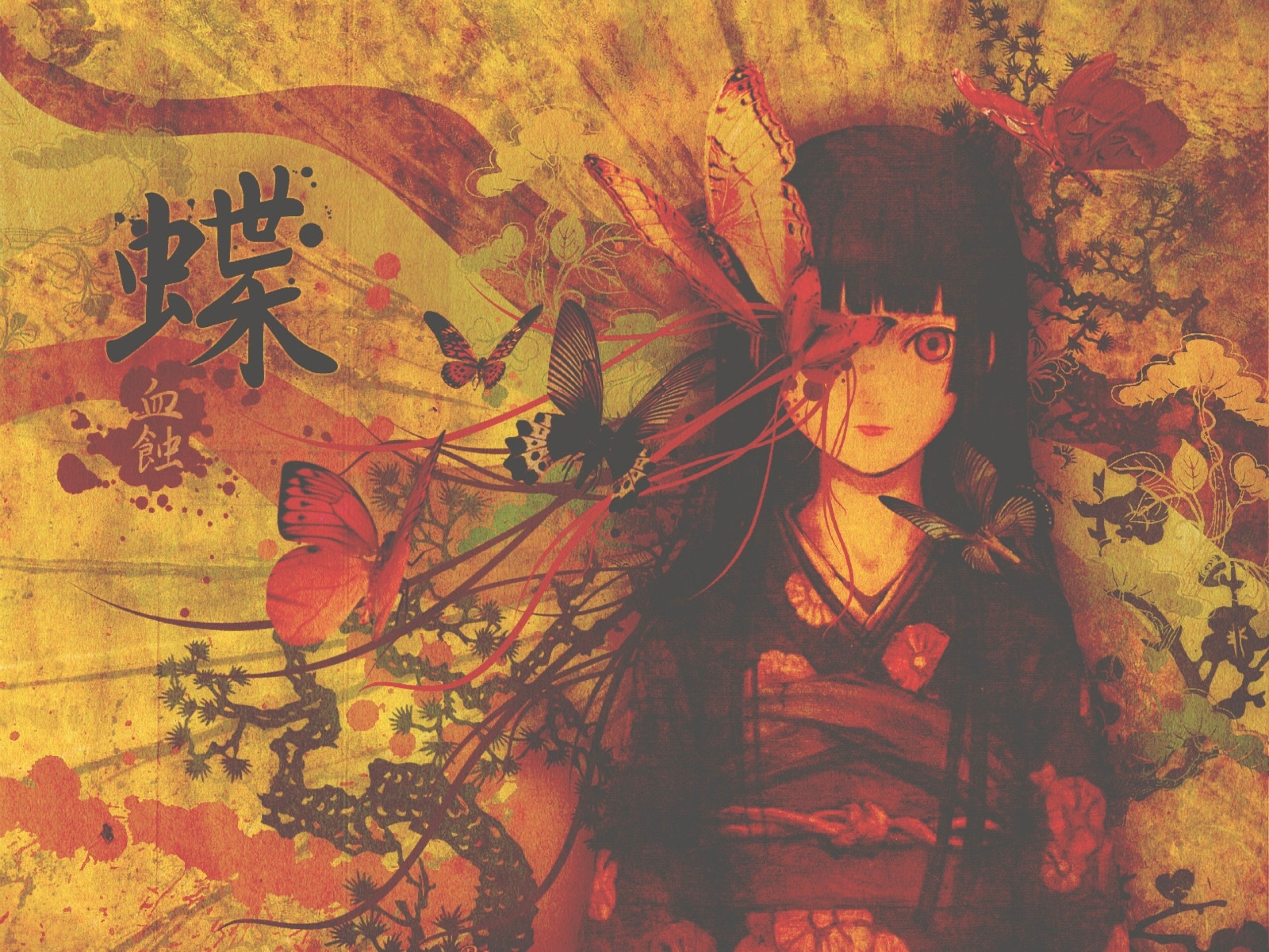 anime, anime girls, fall, frontal view, Jigoku Shoujo, Enma Ai, butterflies, kanji, fantasy girl, HD Wallpaper