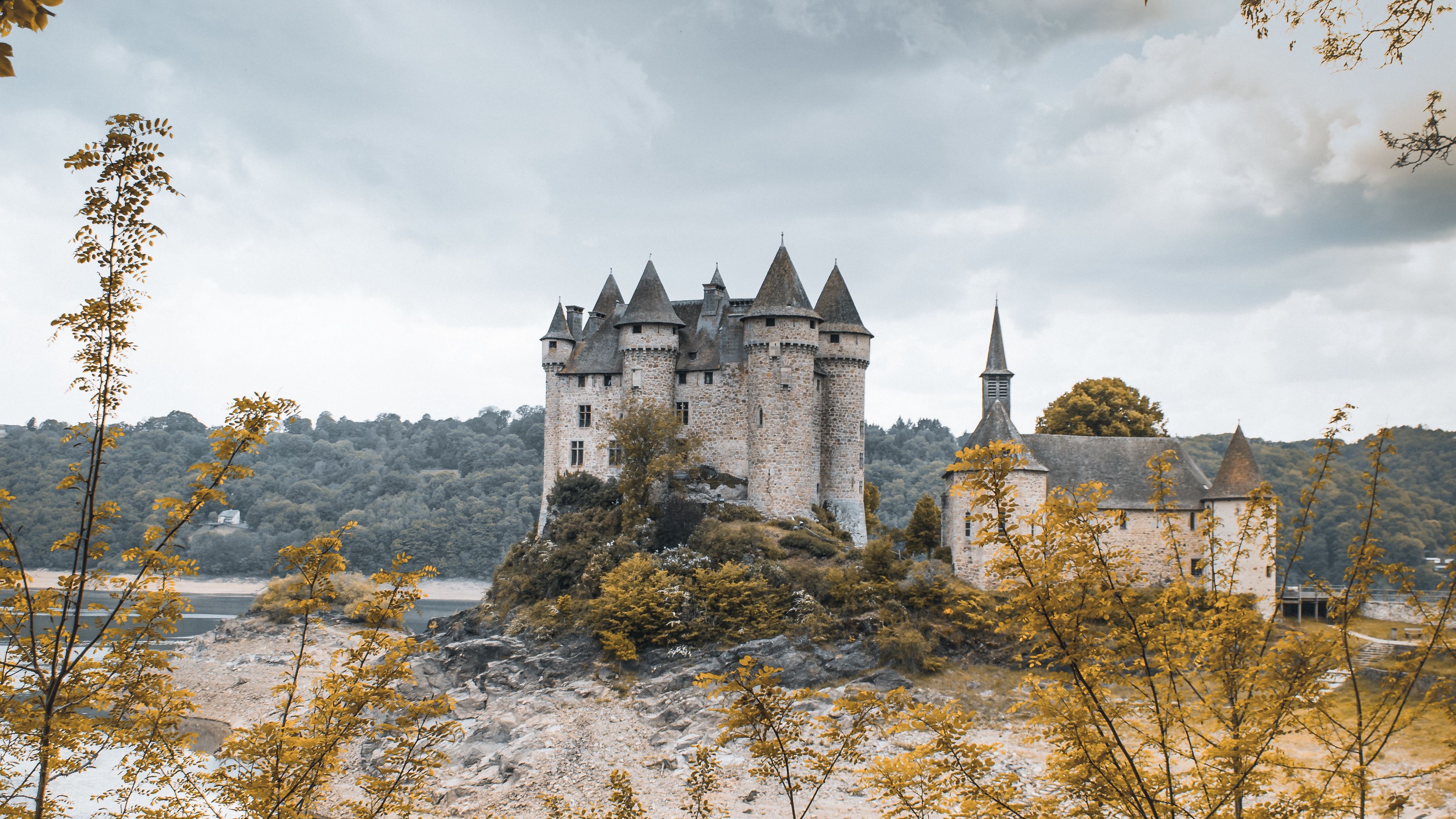 castle, branches, leaves, lake, architecture, 4k, HD Wallpaper
