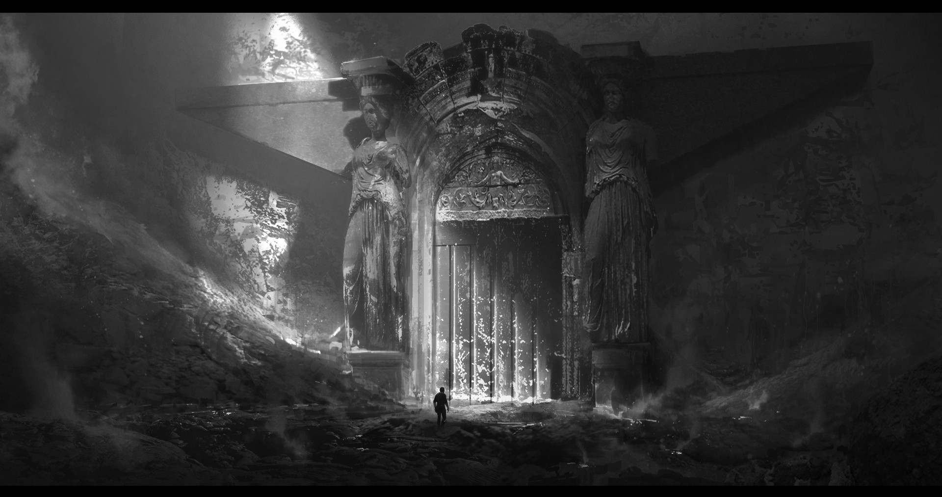 fantasy art, statue, monochrome, artwork, HD Wallpaper