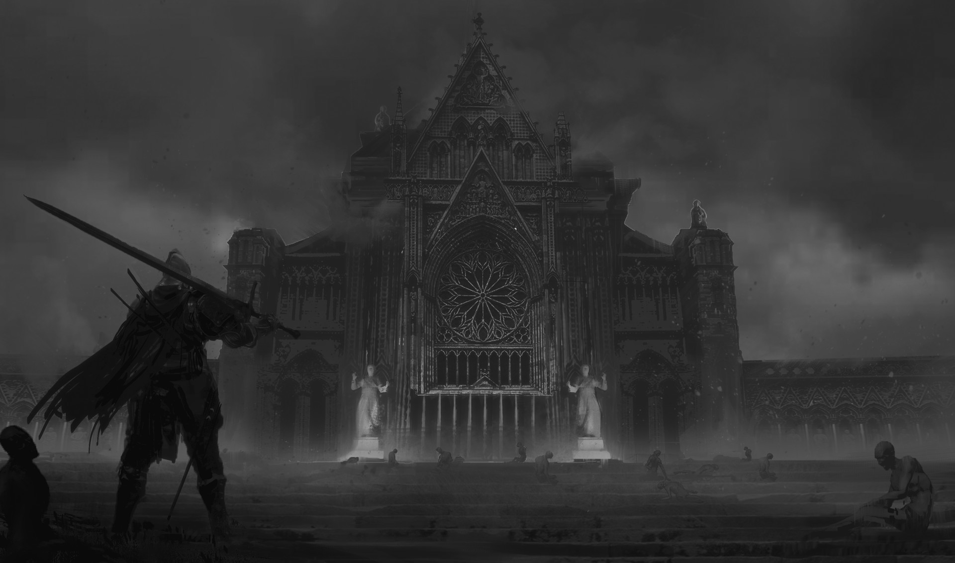 fantasy art, Dark Souls, frontal view, monochrome, dark, video game art, video games, HD Wallpaper