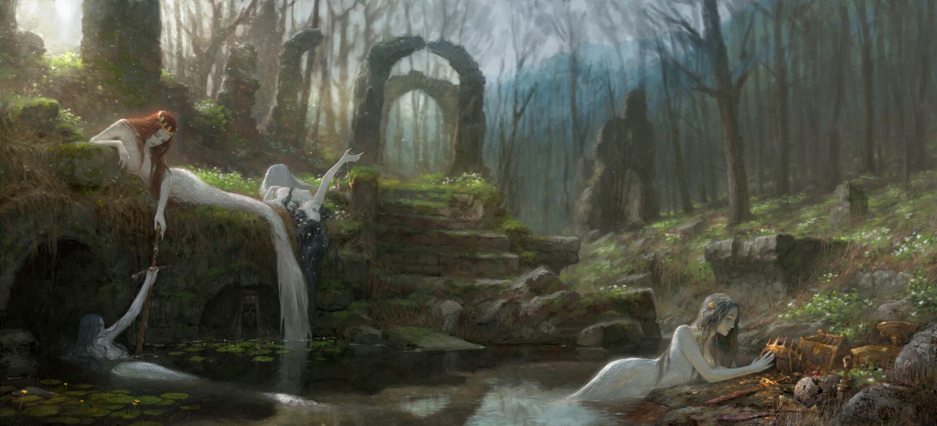 Artem Demura, forest, skull, horror, ancient, river, creature, HD Wallpaper