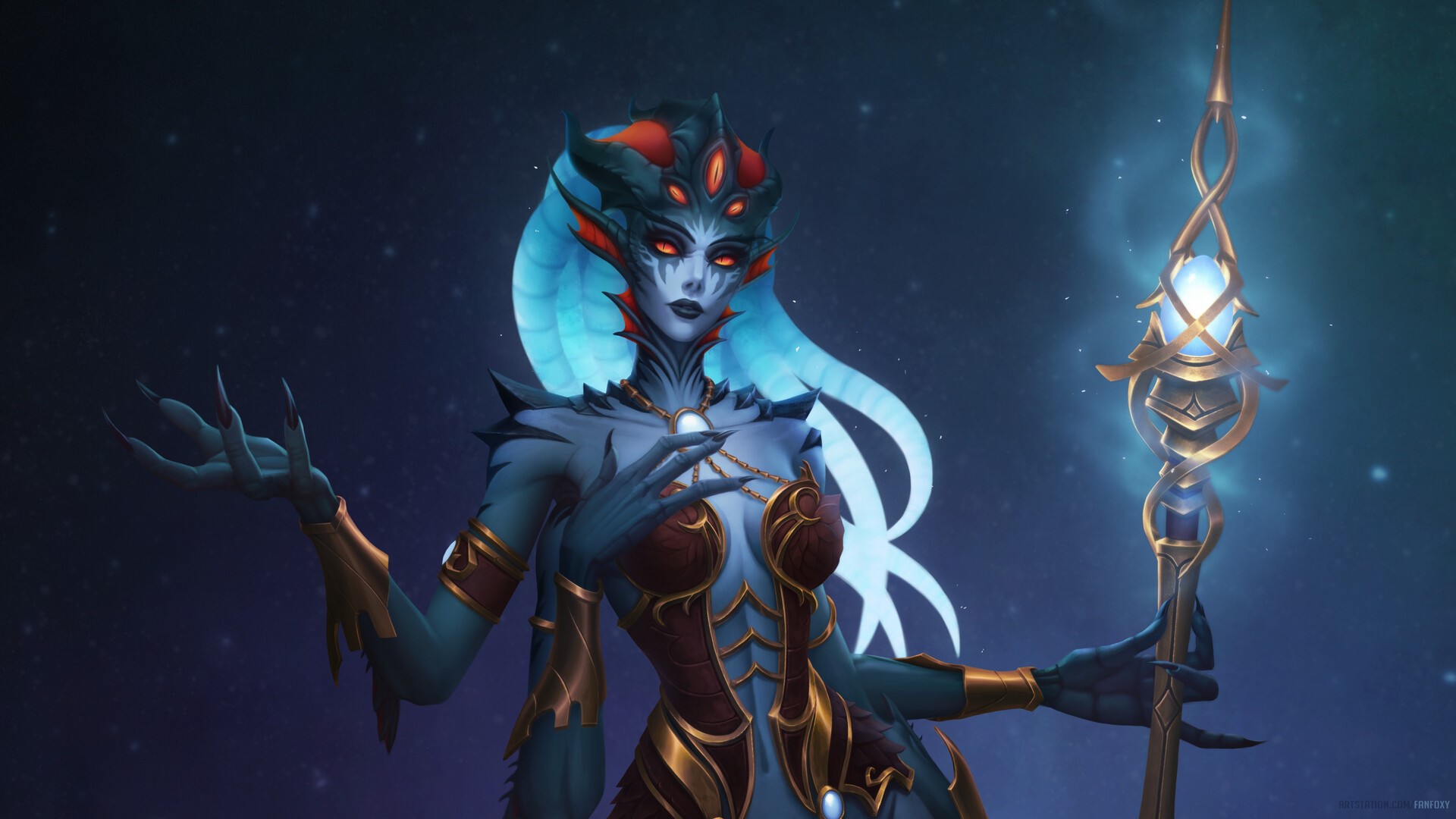 Fanfoxy, drawing, Warcraft, Azshara, underwater, glowing, armor, gold, staff, red eyes, scales, long nails, HD Wallpaper
