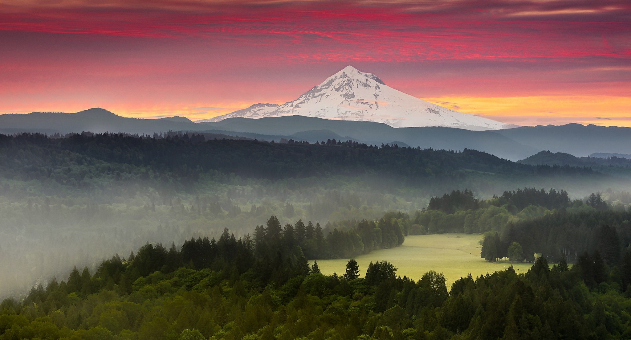 USA, Oregon, landscape, mountains, sunset, mist, HD Wallpaper