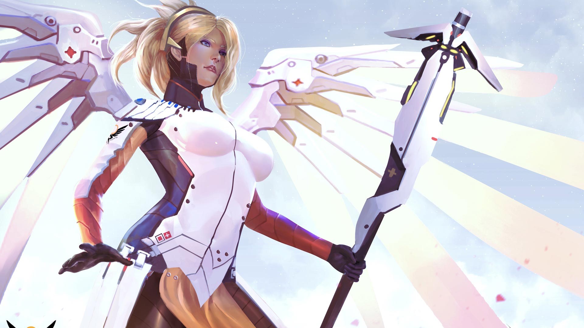 Mercy (Overwatch), Overwatch, wings, angel wings, staff, low-angle, HD Wallpaper