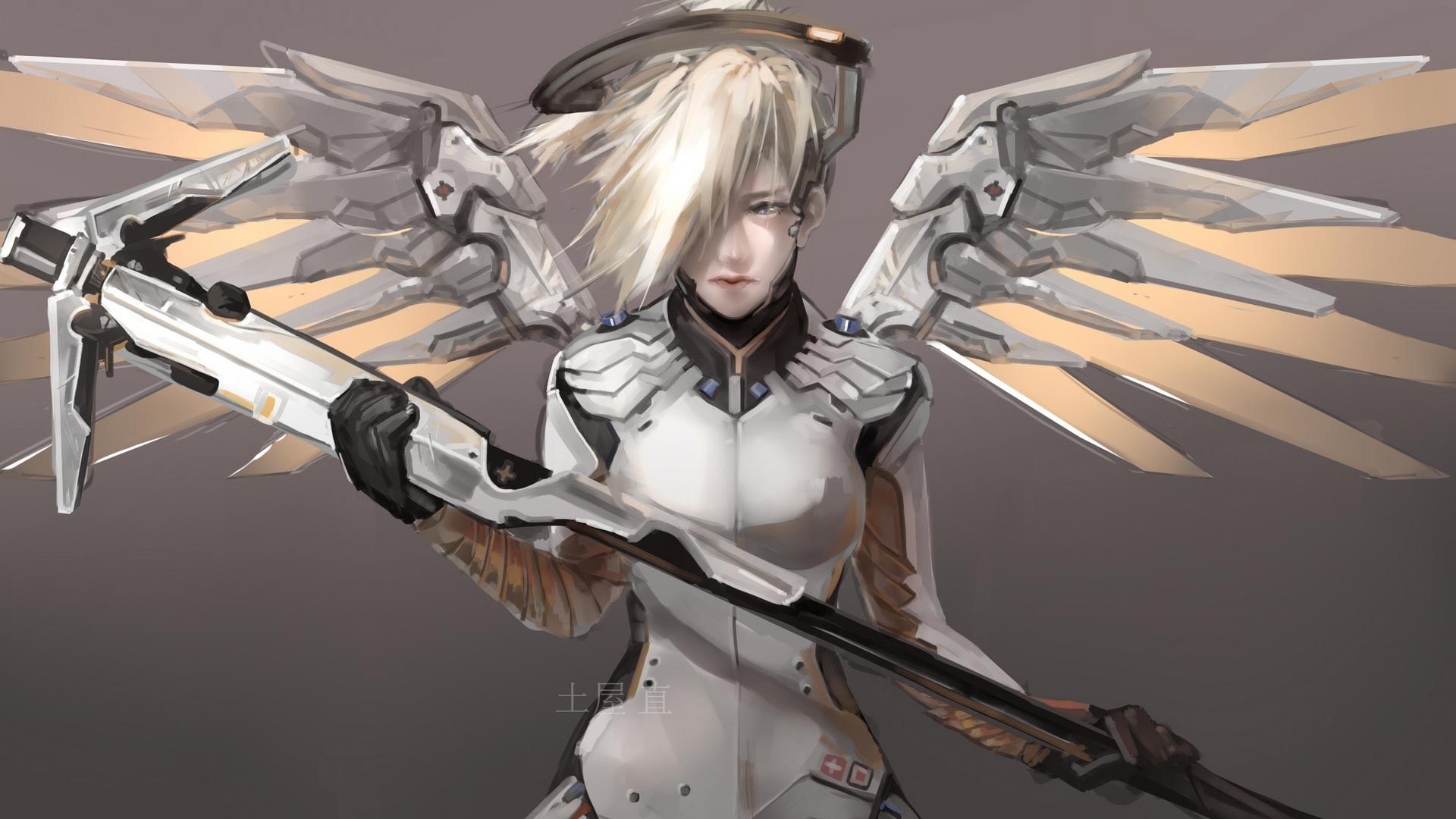 Mercy (Overwatch), Overwatch, wings, angel wings, simple background, messy hair, frontal view, HD Wallpaper